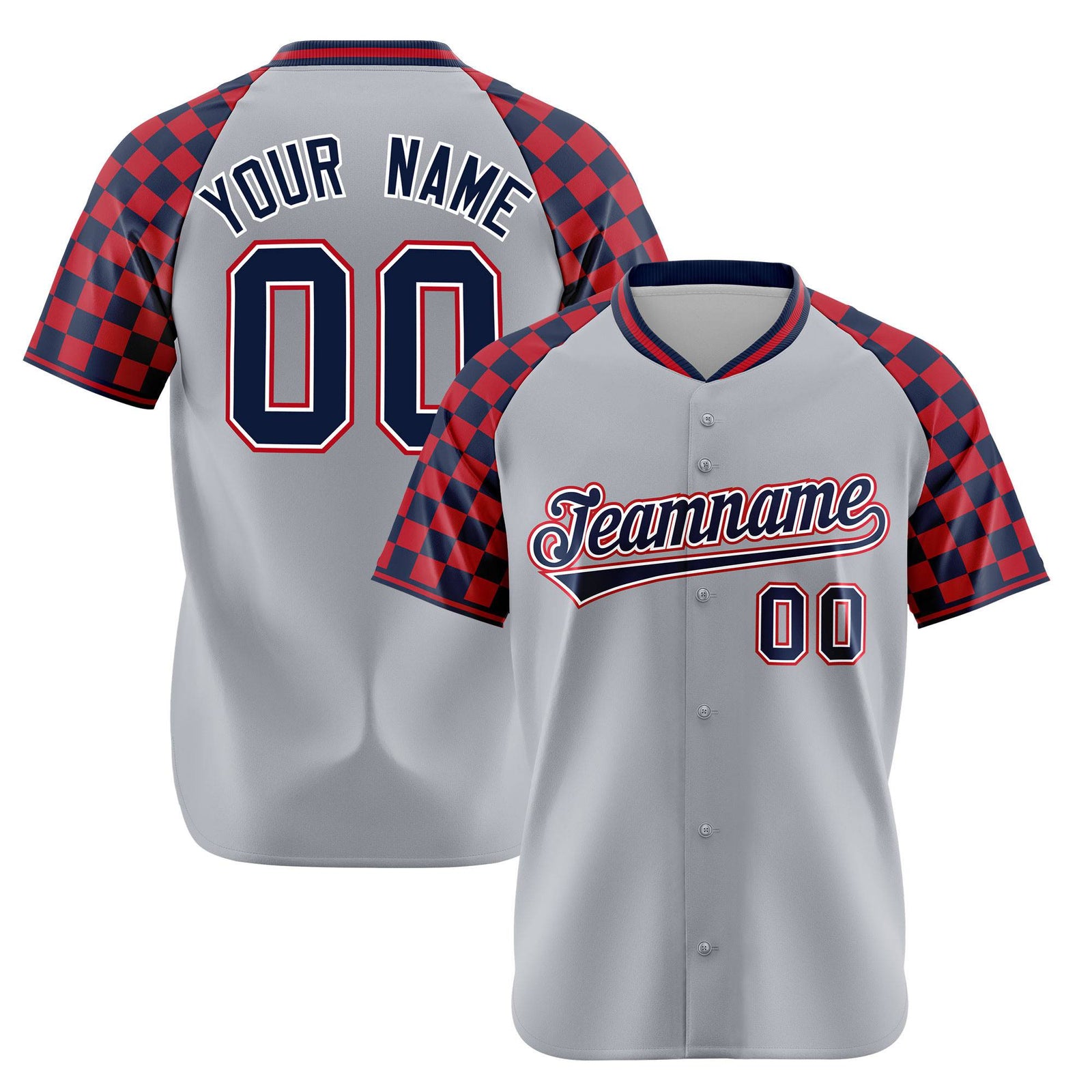 Custom Gray Navy-Red Authentic Plaid Sleeve Baseball Jersey