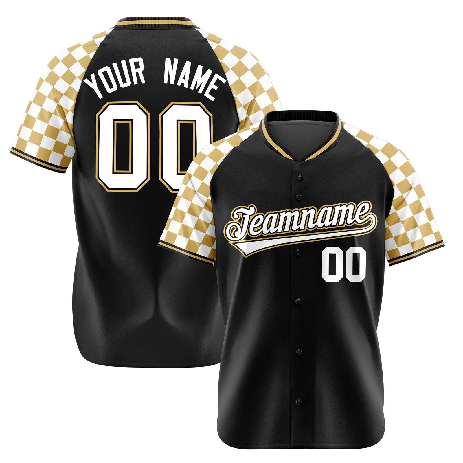 Custom Black Old Gold-White Authentic Plaid Sleeve Baseball Jersey