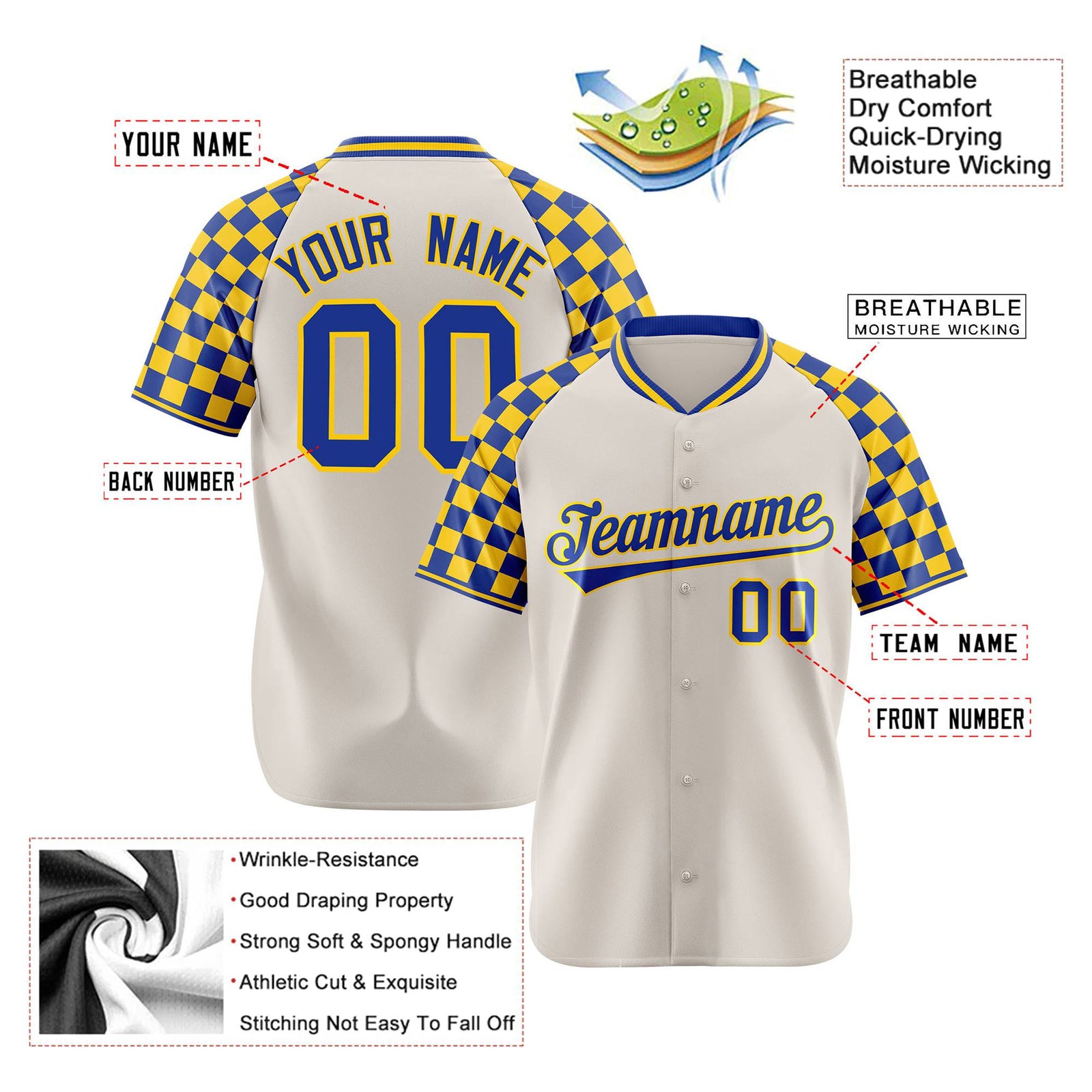 Custom Khaki Royal Blue-Gold Authentic Plaid Sleeve Baseball Jersey