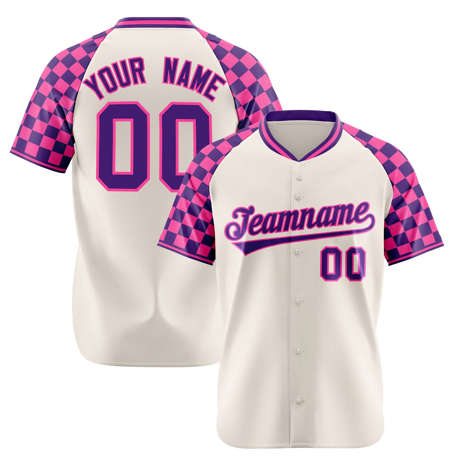 Custom Khaki Purple-Pink Authentic Plaid Sleeve Baseball Jersey