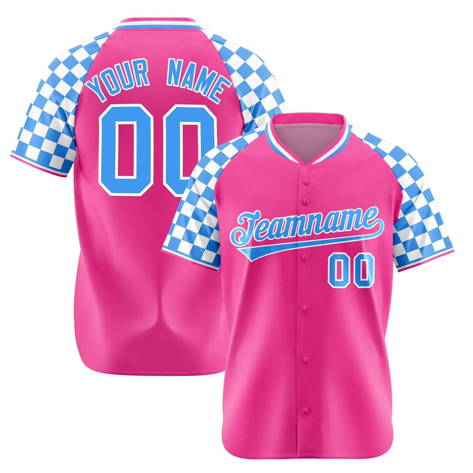 Custom Pink Powder Blue-White Authentic Plaid Sleeve Baseball Jersey