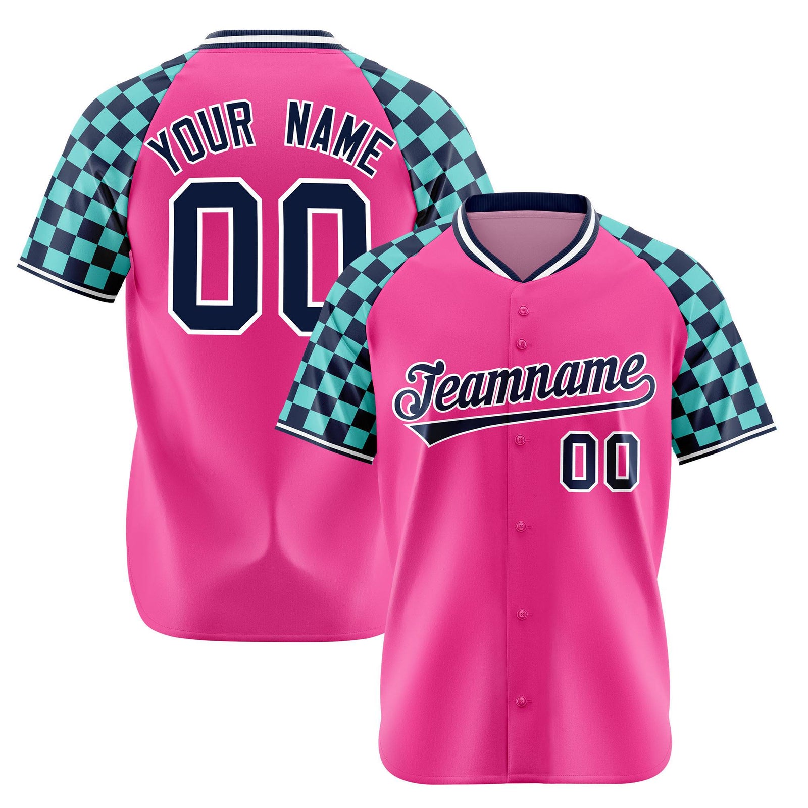 Custom Pink Navy-Bright Green Authentic Plaid Sleeve Baseball Jersey