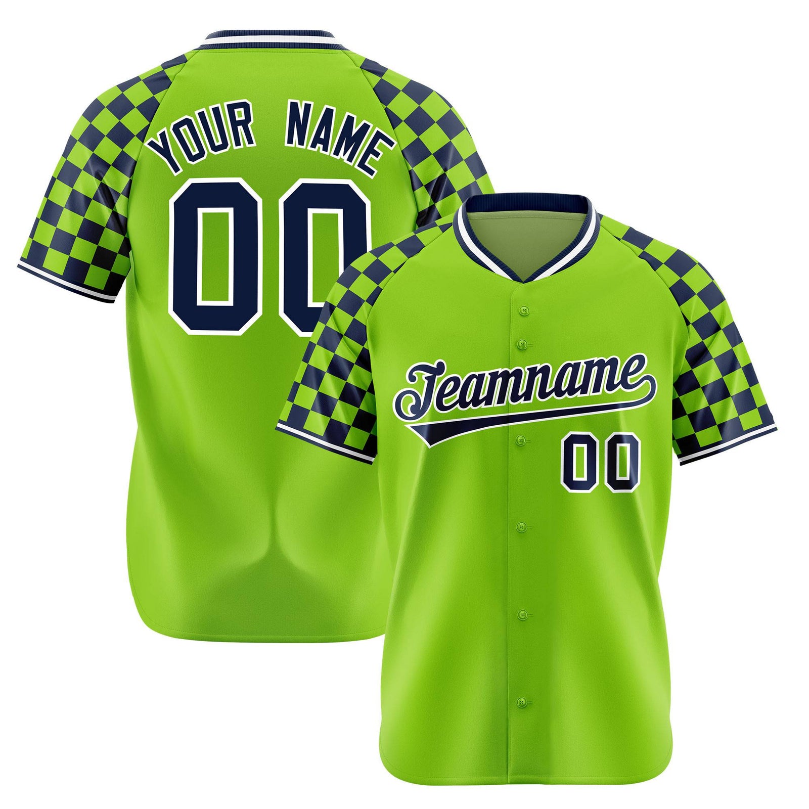 Custom Neon Green Navy-White Authentic Plaid Sleeve Baseball Jersey