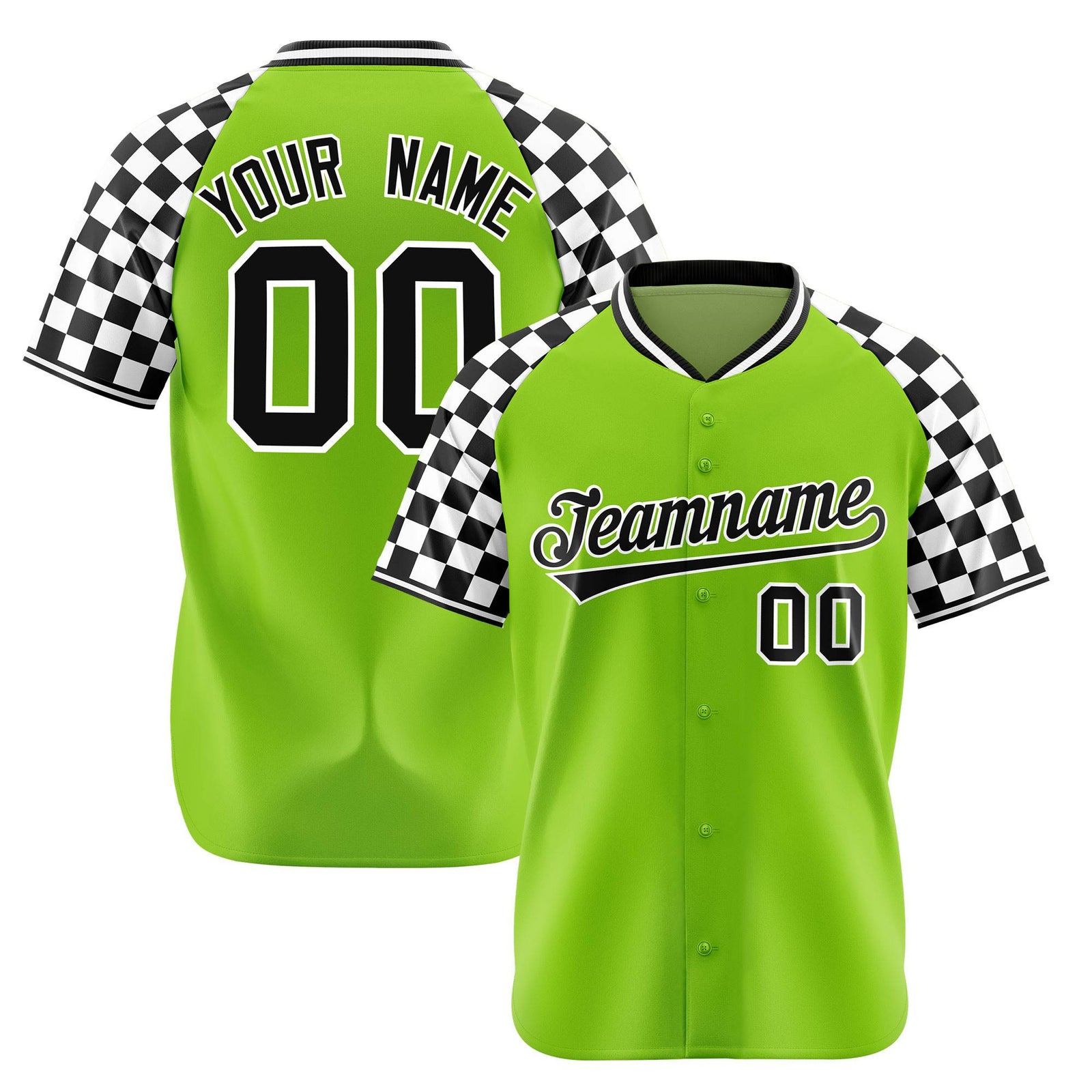 Custom Neon Green Black-White Authentic Plaid Sleeve Baseball Jersey