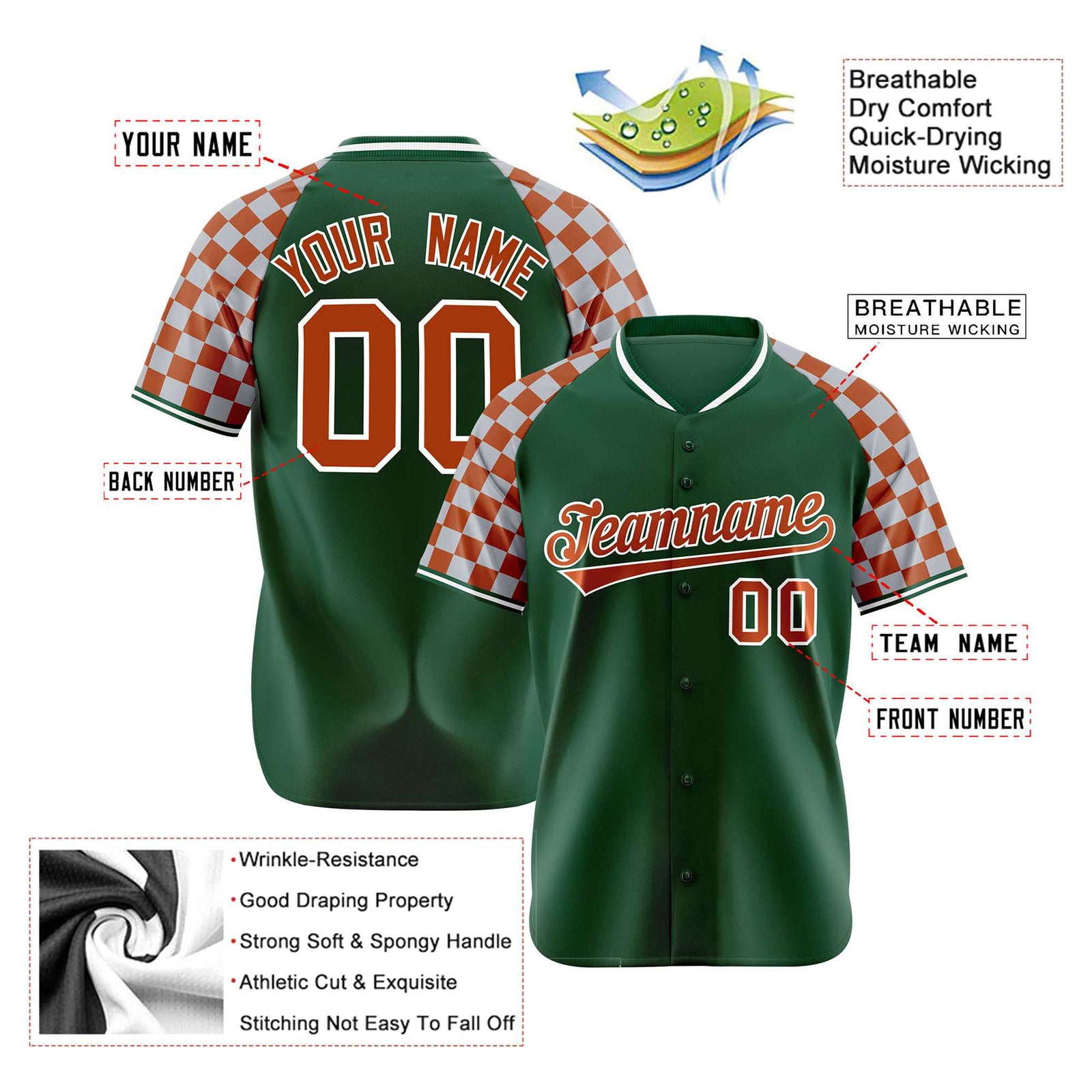 Custom Green Texas Orange-Gray Authentic Plaid Sleeve Baseball Jersey