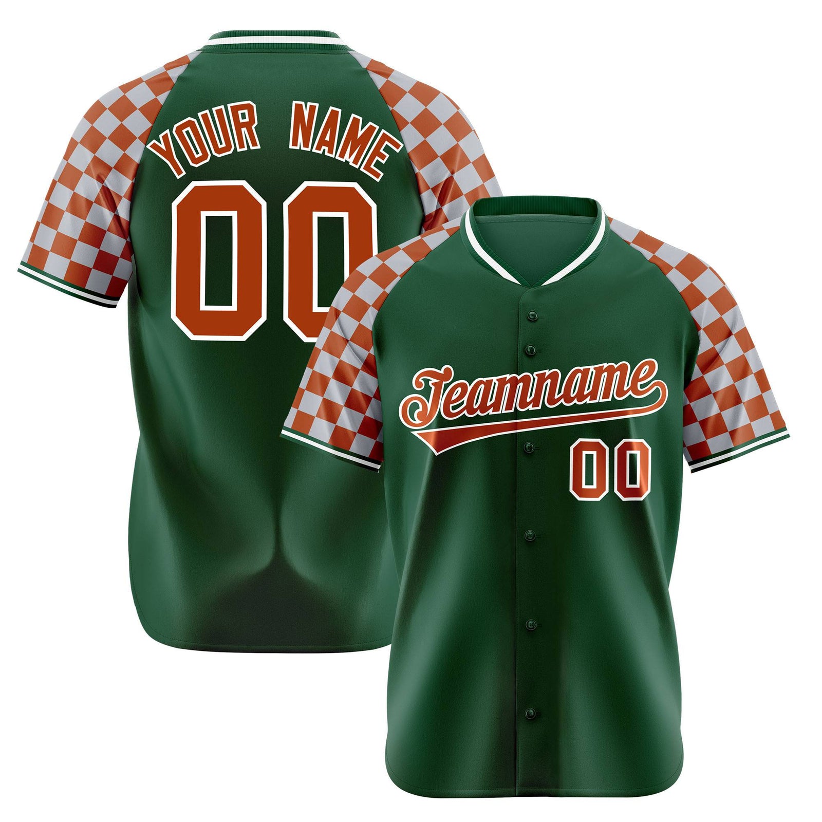 Custom Green Texas Orange-Gray Authentic Plaid Sleeve Baseball Jersey