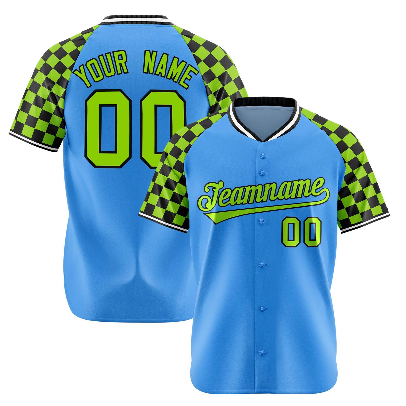 Custom Powder Blue-Neon Green Black Authentic Plaid Sleeve Baseball Jersey