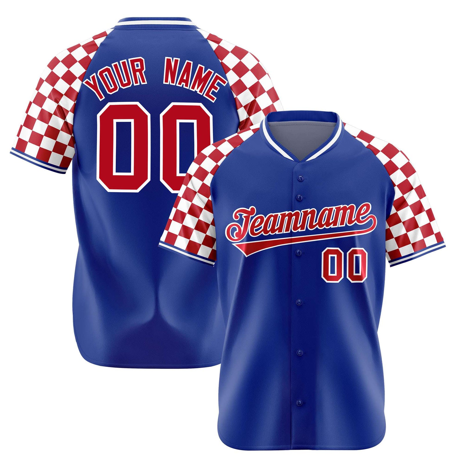 Custom Royal Blue Red-White Authentic Plaid Sleeve Baseball Jersey