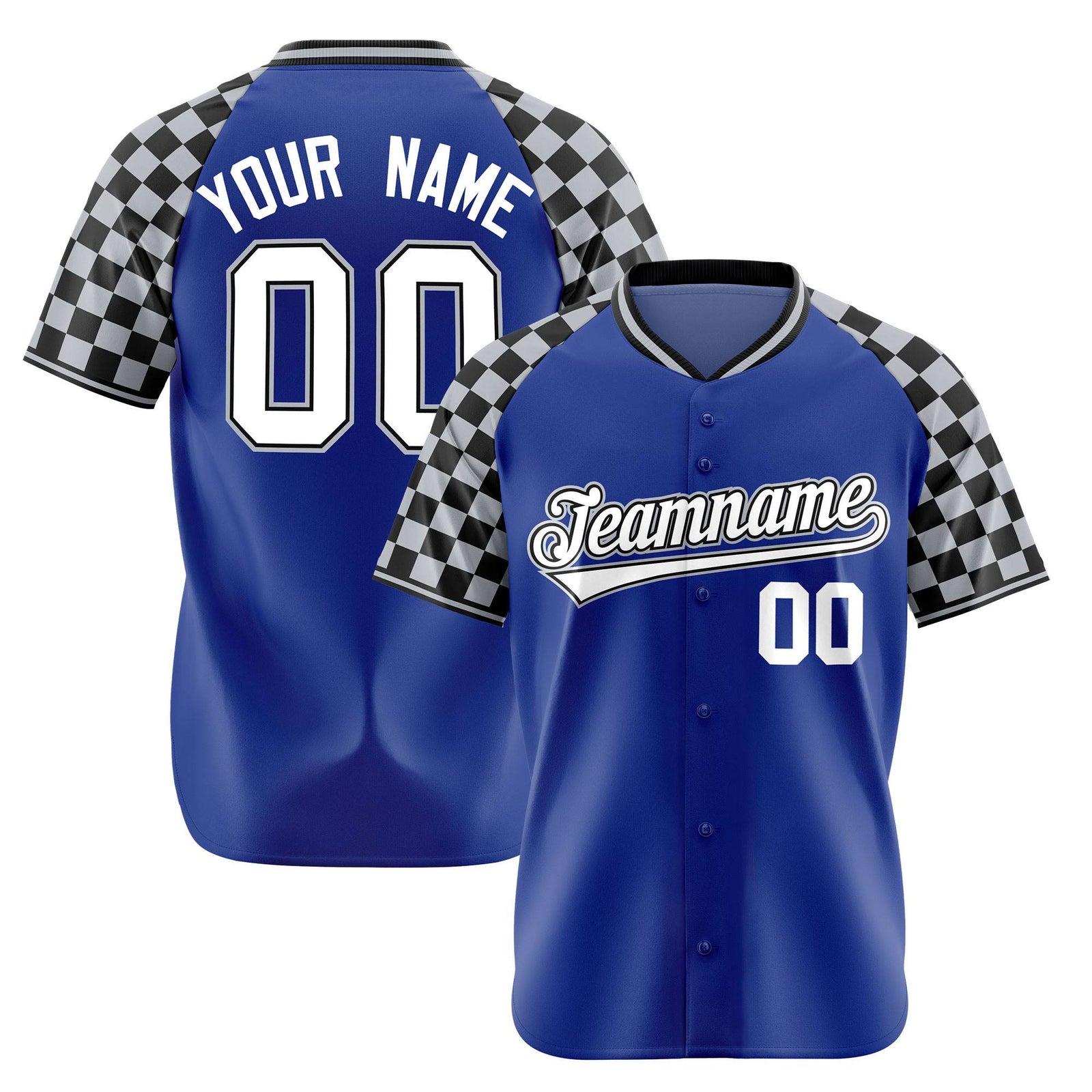 Custom Royal Blue Black-Gray Authentic Plaid Sleeve Baseball Jersey
