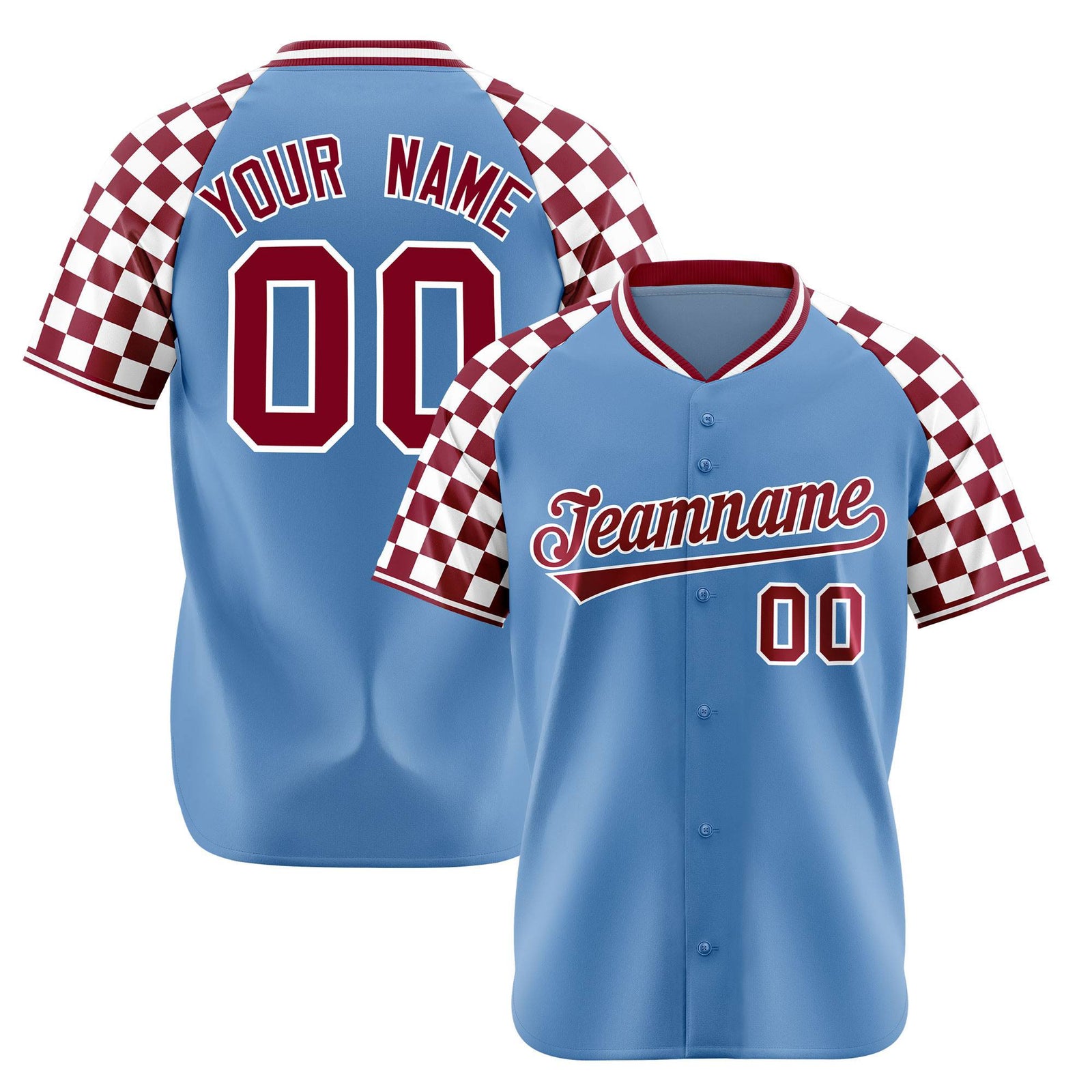 Custom Light Blue Crimson-White Authentic Plaid Sleeve Baseball Jersey