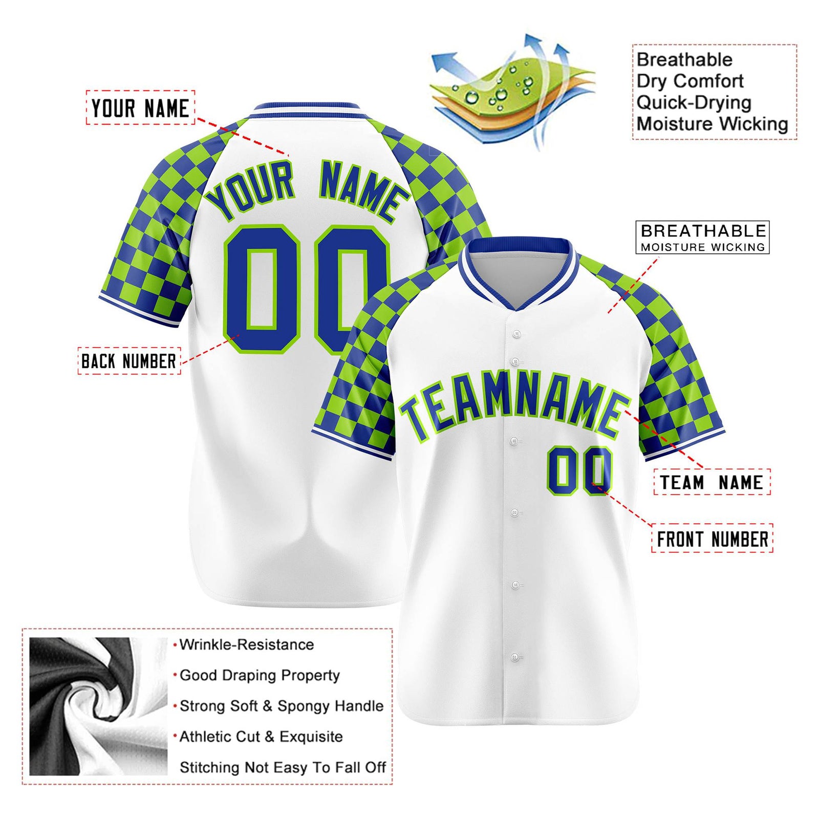Custom White Neon Green-Royal Blue Authentic Plaid sleeve Baseball Jersey