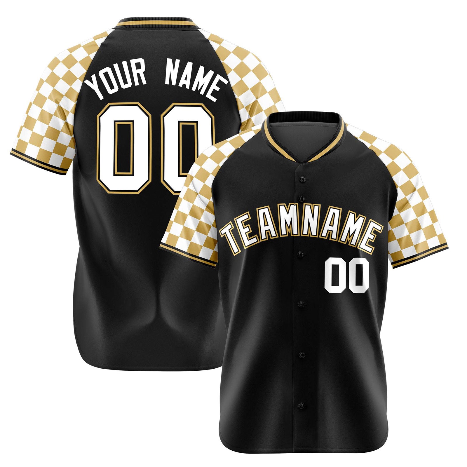 Custom Black Old Gold-White Authentic Plaid Sleeve Baseball Jersey