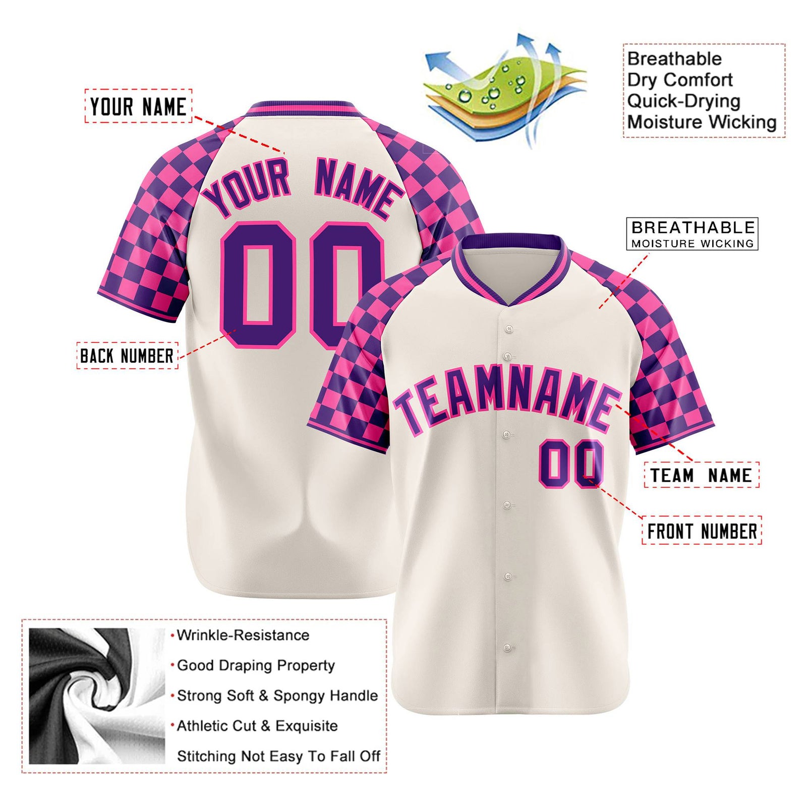 Custom Khaki Purple-Pink Authentic Plaid Sleeve Baseball Jersey