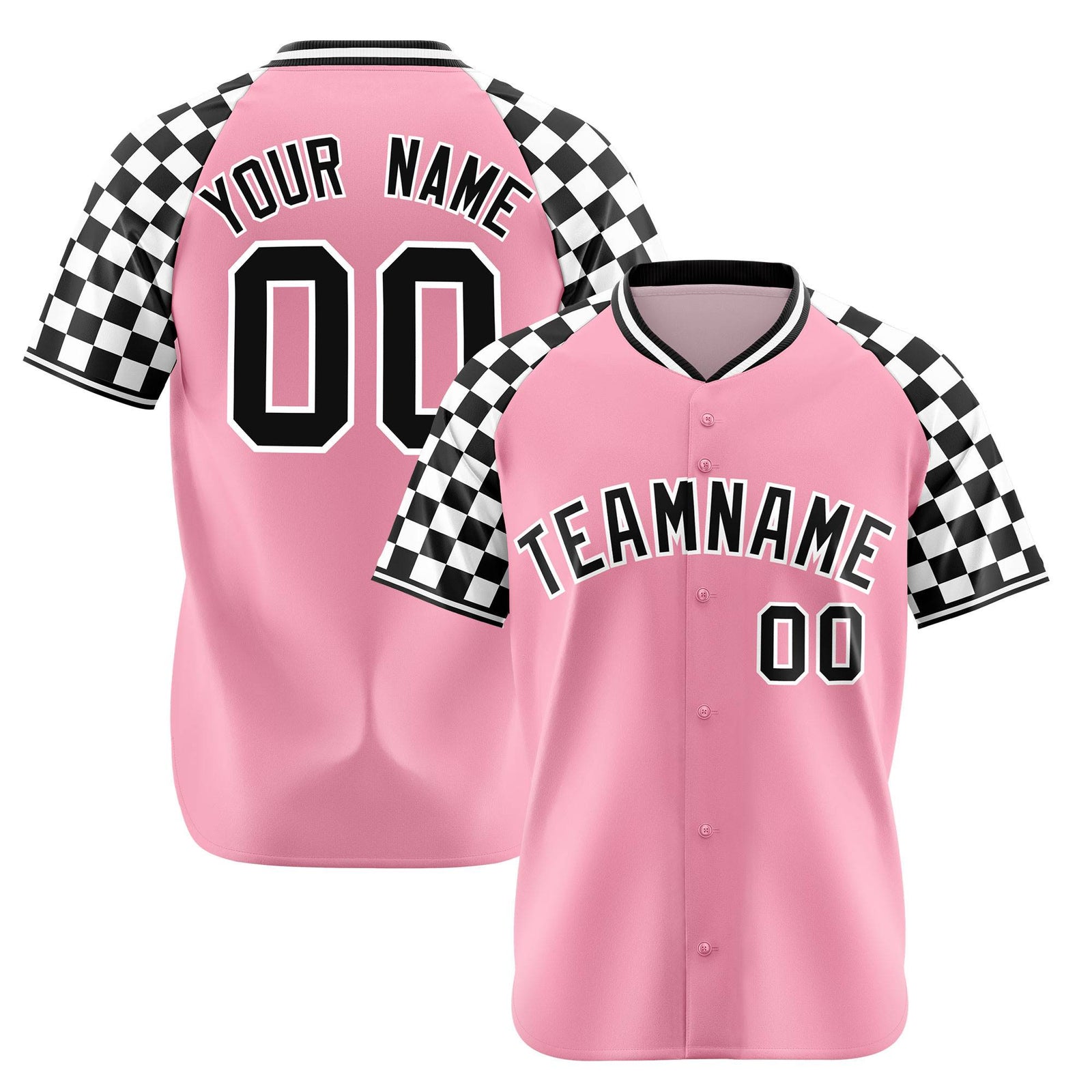 Custom Light Pink Black-White Authentic Plaid Sleeve Baseball Jersey