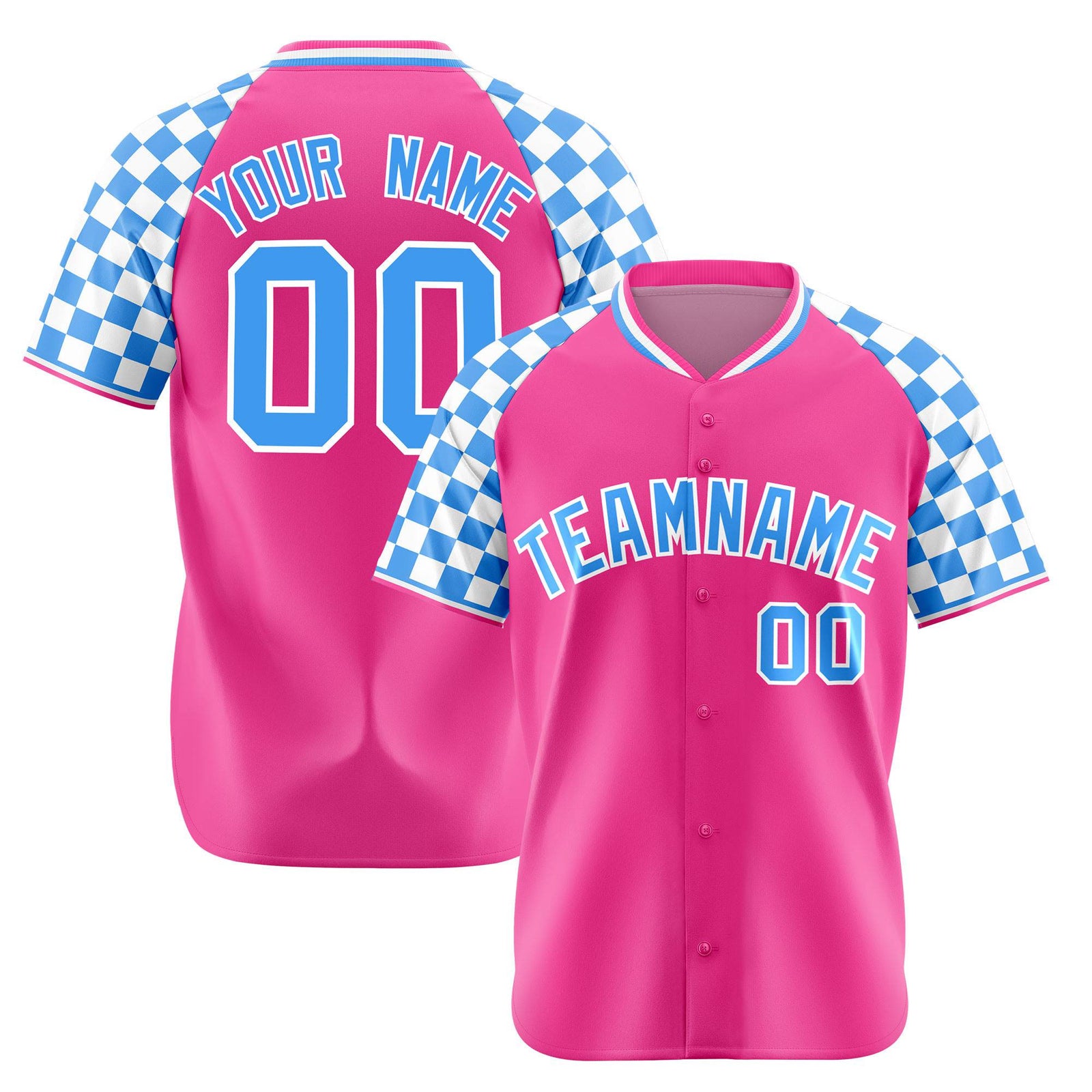 Custom Pink Powder Blue-White Authentic Plaid Sleeve Baseball Jersey