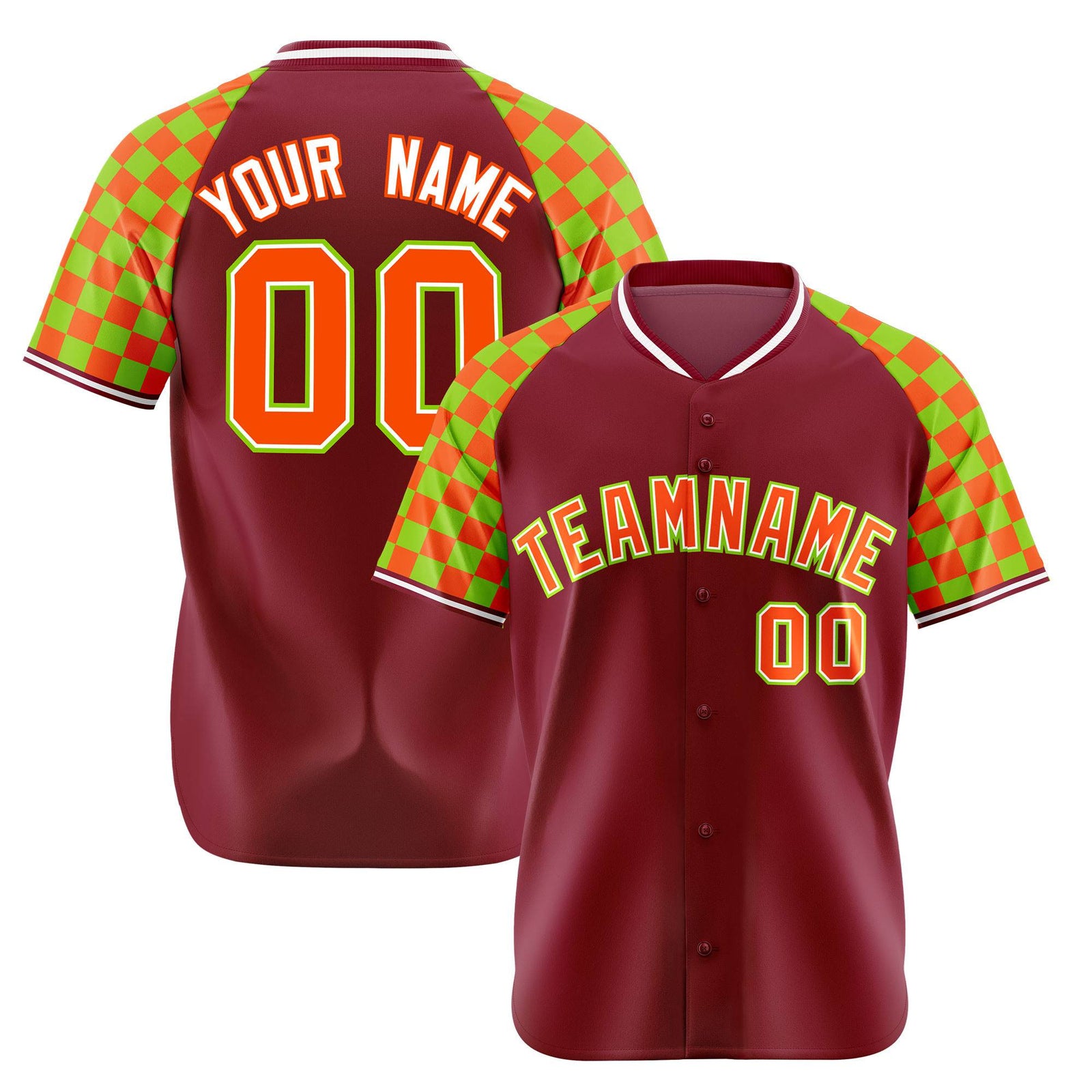 Custom Crimson Orange-Neon Green Authentic Plaid Sleeve Baseball Jersey