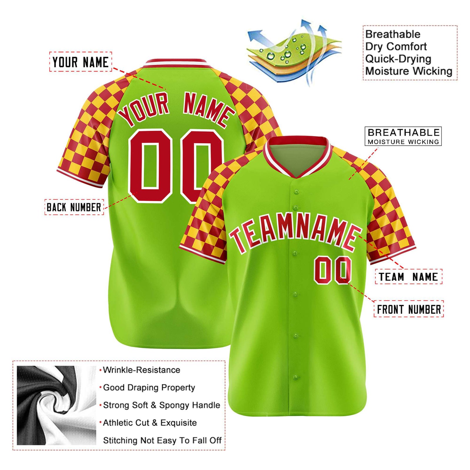 Custom Neon Green Red-Gold Authentic Plaid Sleeve Baseball Jersey