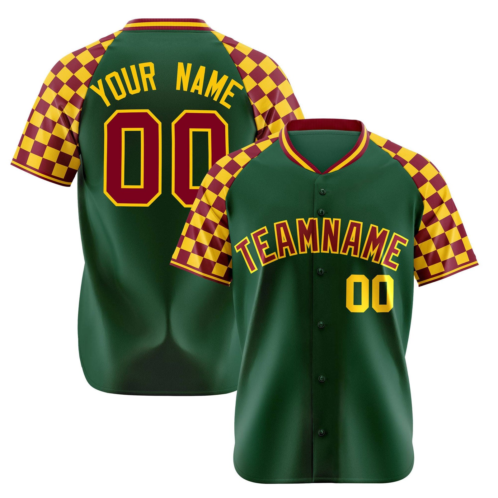 Custom Green Crimson-Gold Authentic Plaid Sleeve Baseball Jersey