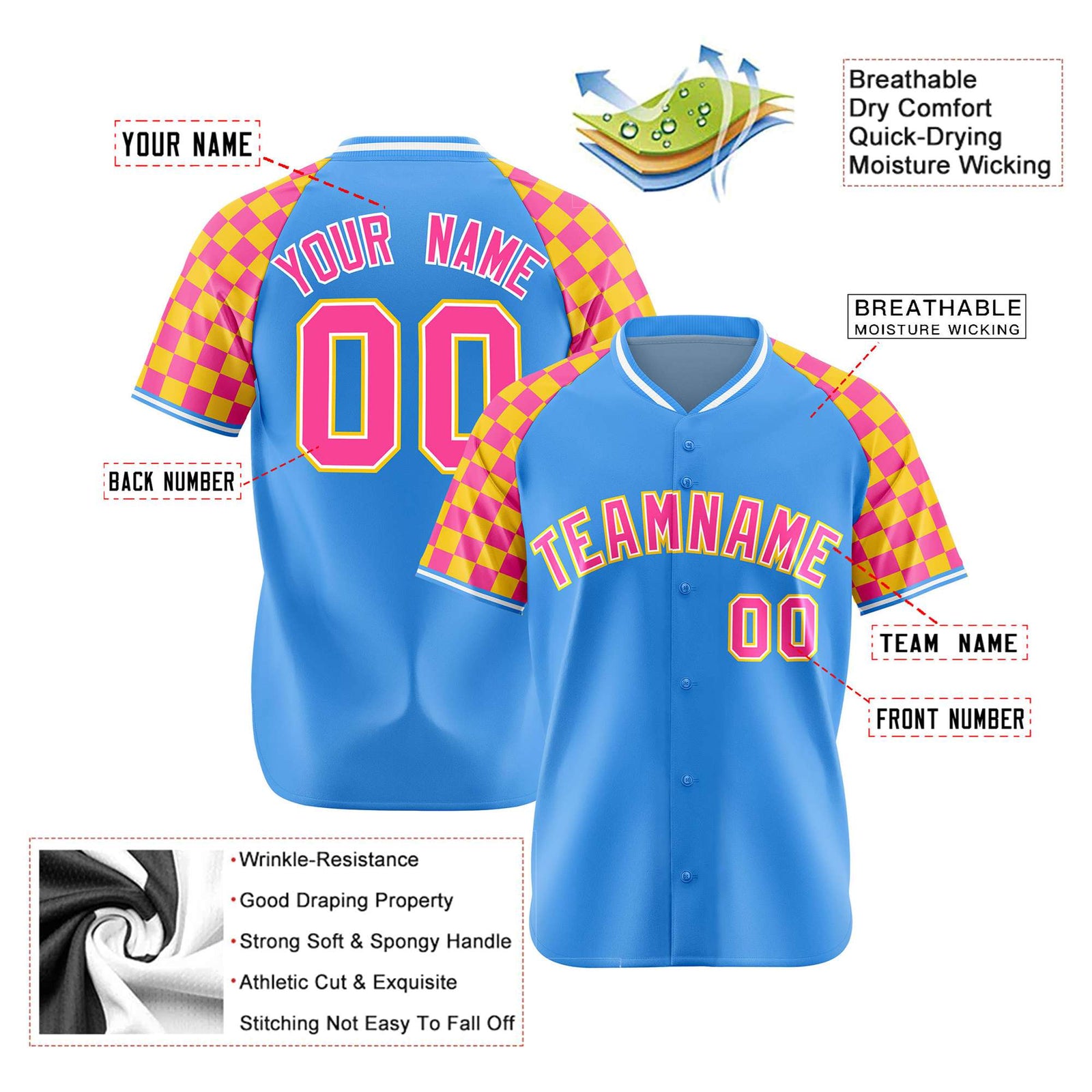 Custom Powder Blue Pink-Gold Authentic Plaid Sleeve Baseball Jersey