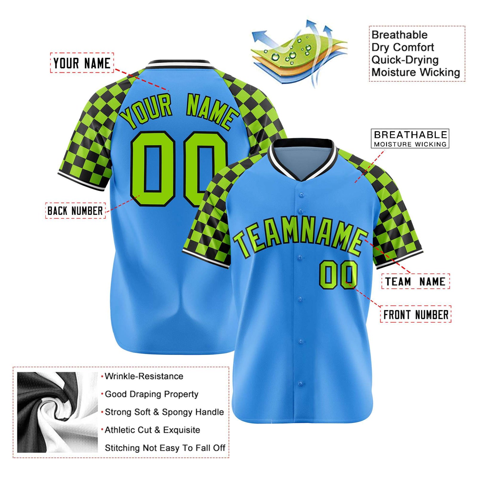 Custom Powder Blue-Neon Green Black Authentic Plaid Sleeve Baseball Jersey