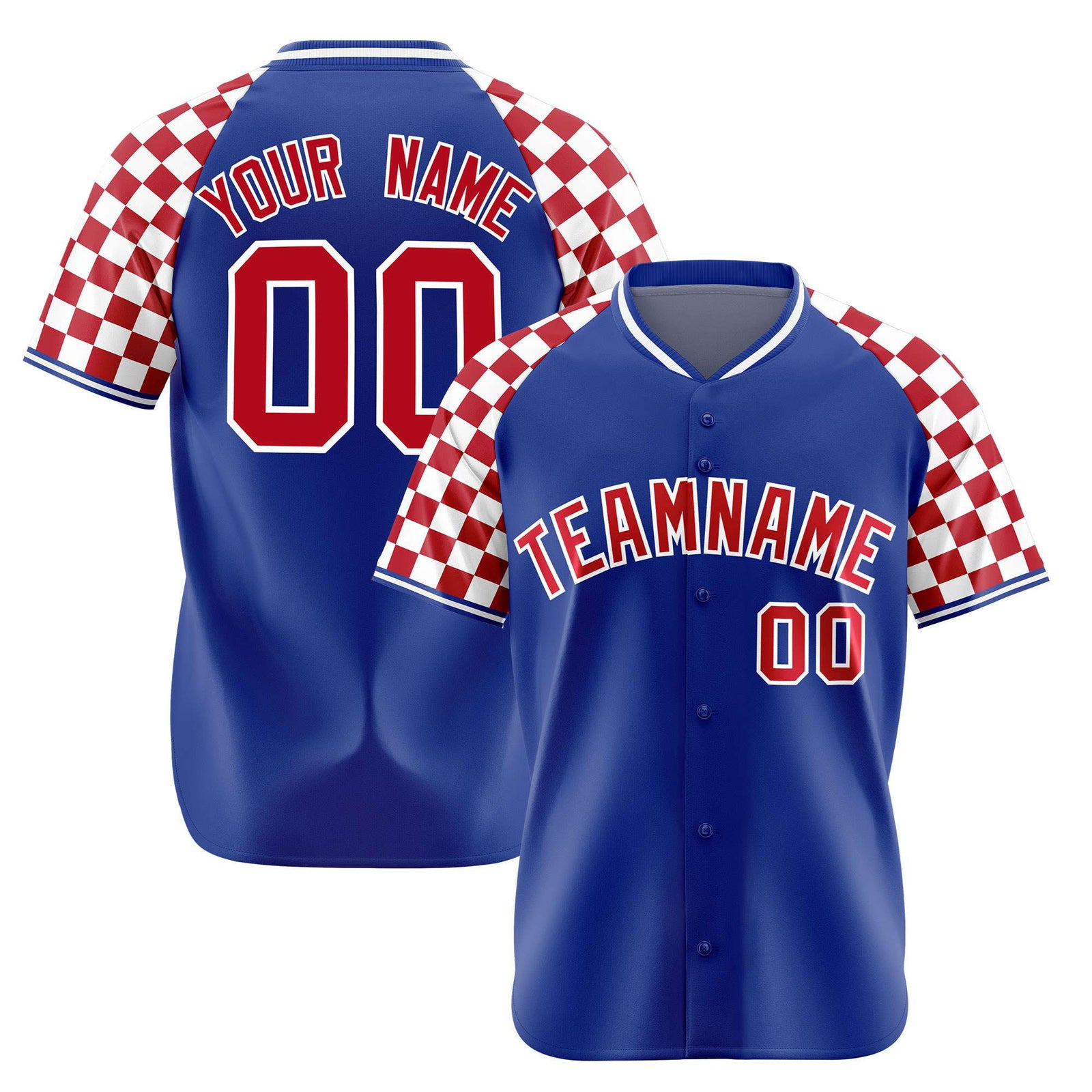 Custom Royal Blue Red-White Authentic Plaid Sleeve Baseball Jersey