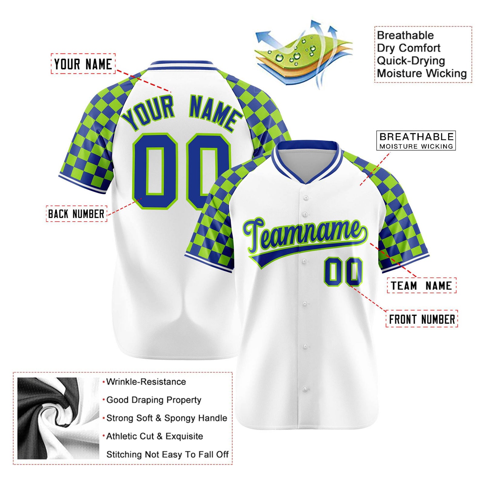 Custom White Neon Green-Royal Blue Authentic Plaid sleeve Baseball Jersey