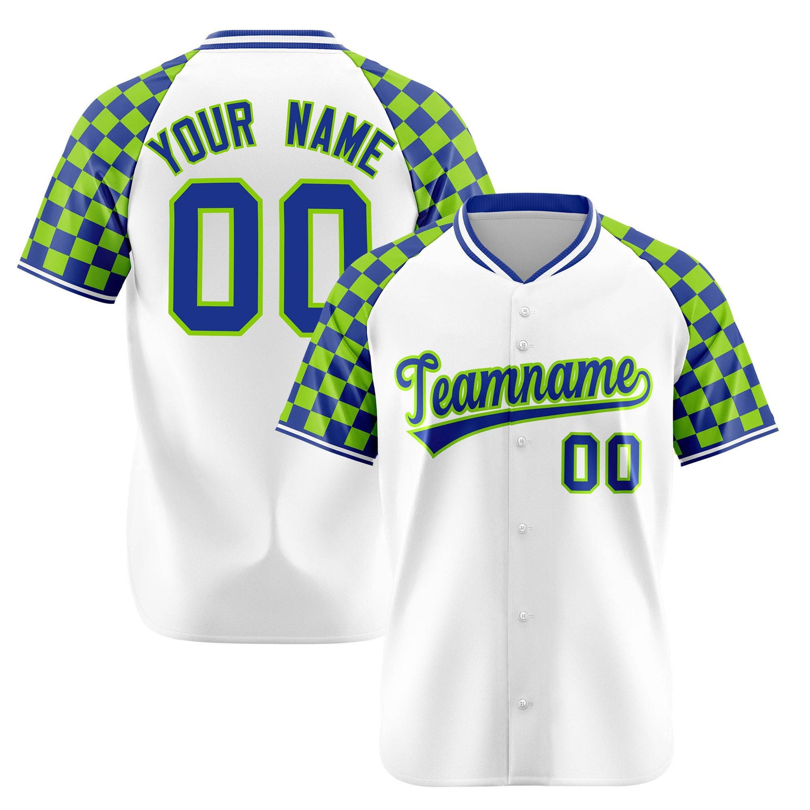 Custom White Neon Green-Royal Blue Authentic Plaid sleeve Baseball Jersey
