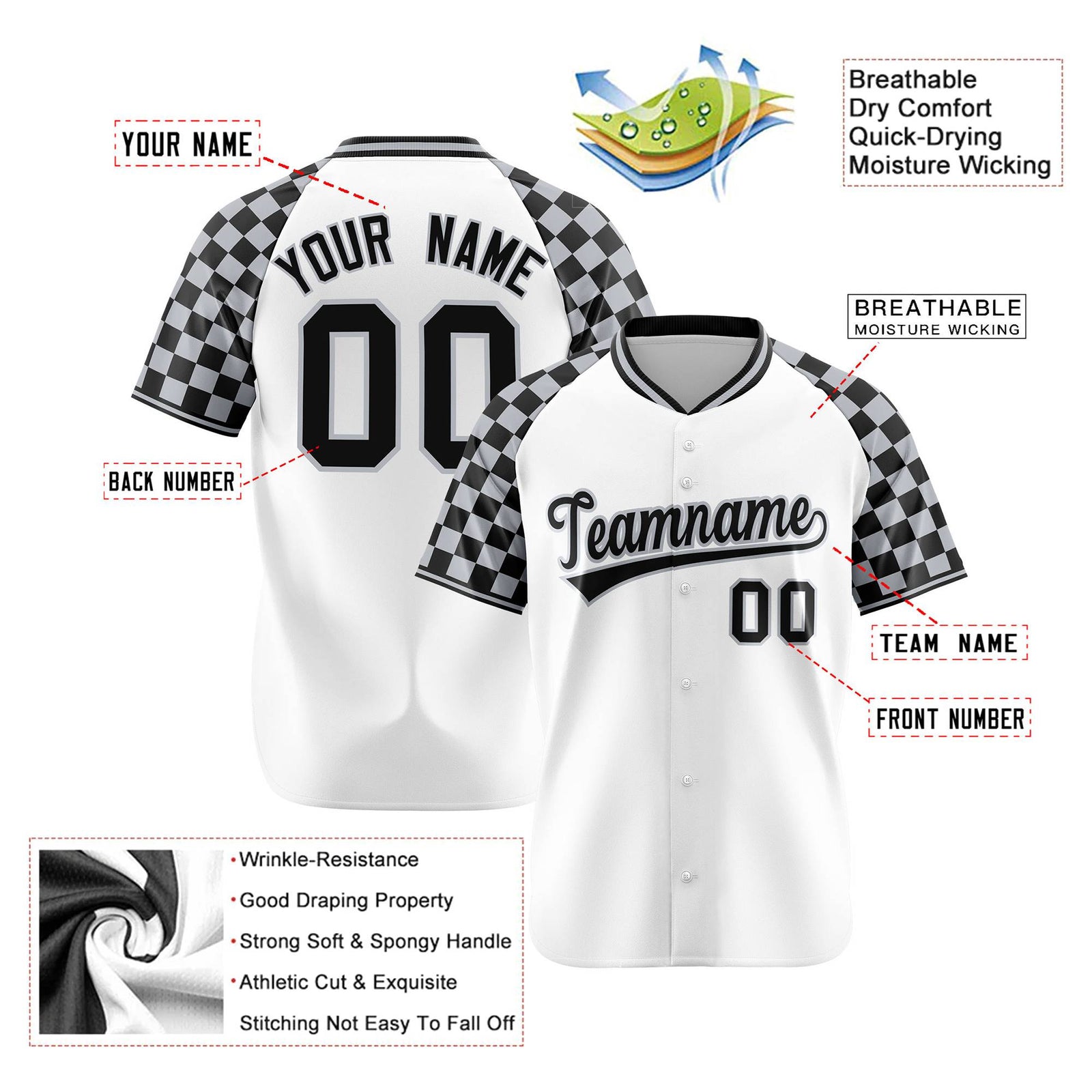 Custom White Gray-Black Authentic Plaid sleeve Baseball Jersey