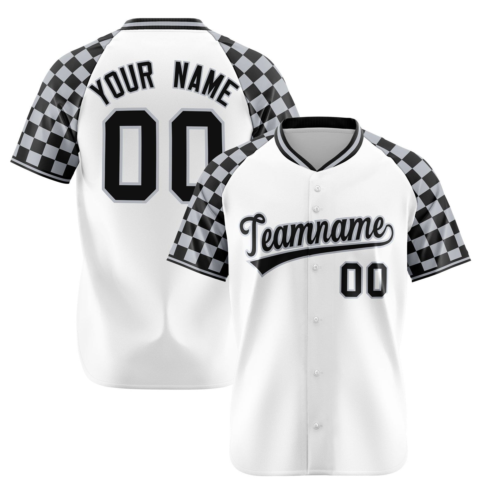 Custom White Gray-Black Authentic Plaid sleeve Baseball Jersey