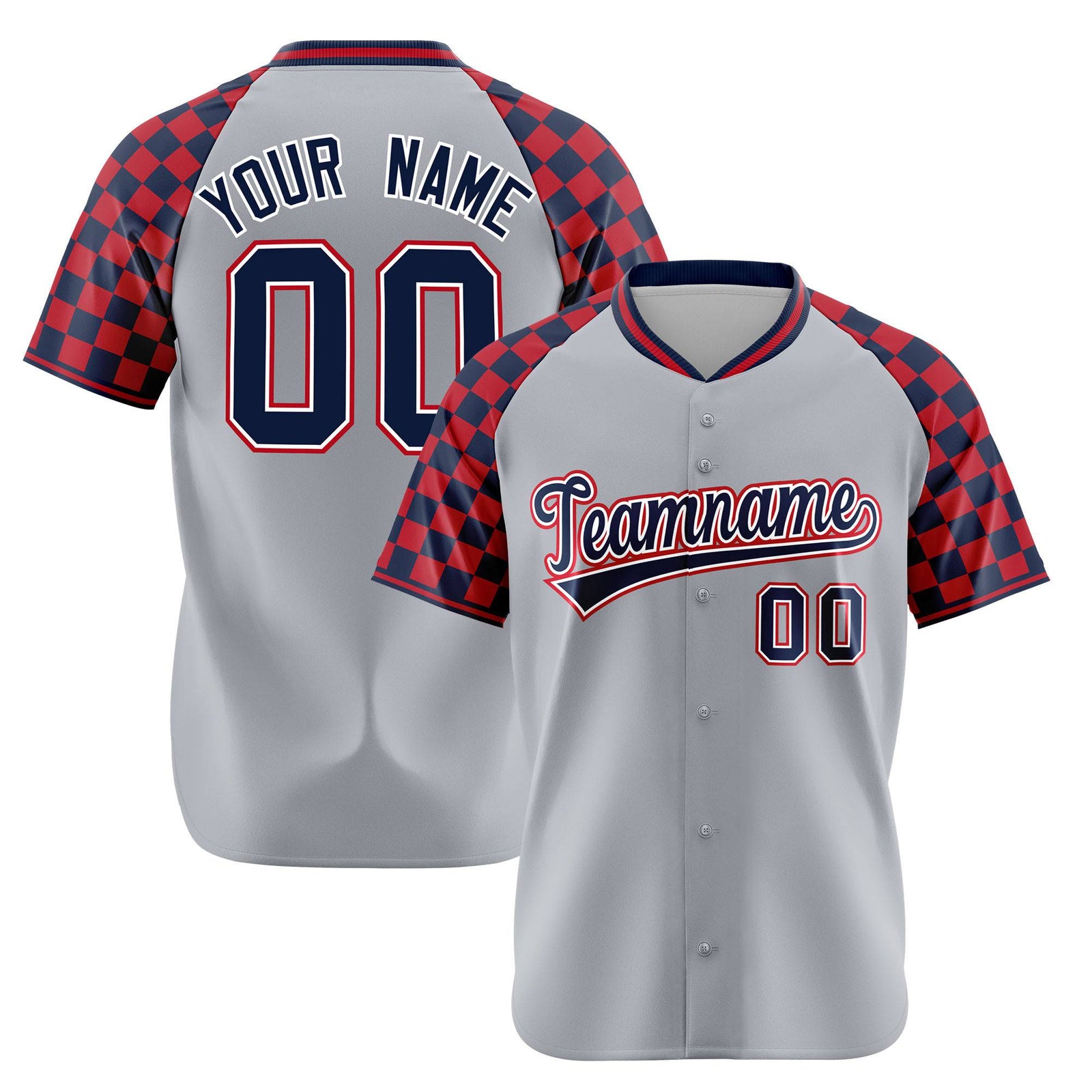 Custom Gray Navy-Red Authentic Plaid Sleeve Baseball Jersey