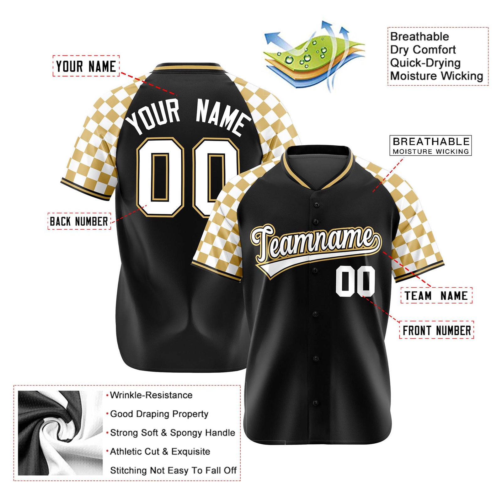 Custom Black Old Gold-White Authentic Plaid Sleeve Baseball Jersey