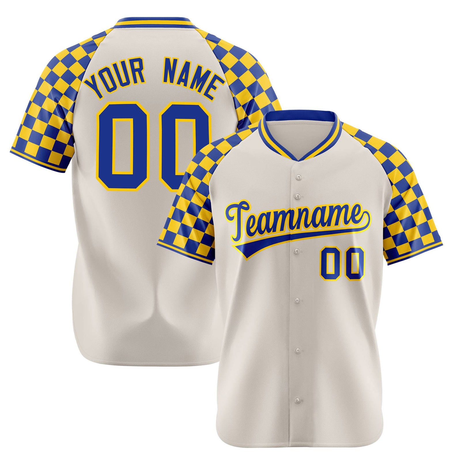 Custom Khaki Royal Blue-Gold Authentic Plaid Sleeve Baseball Jersey
