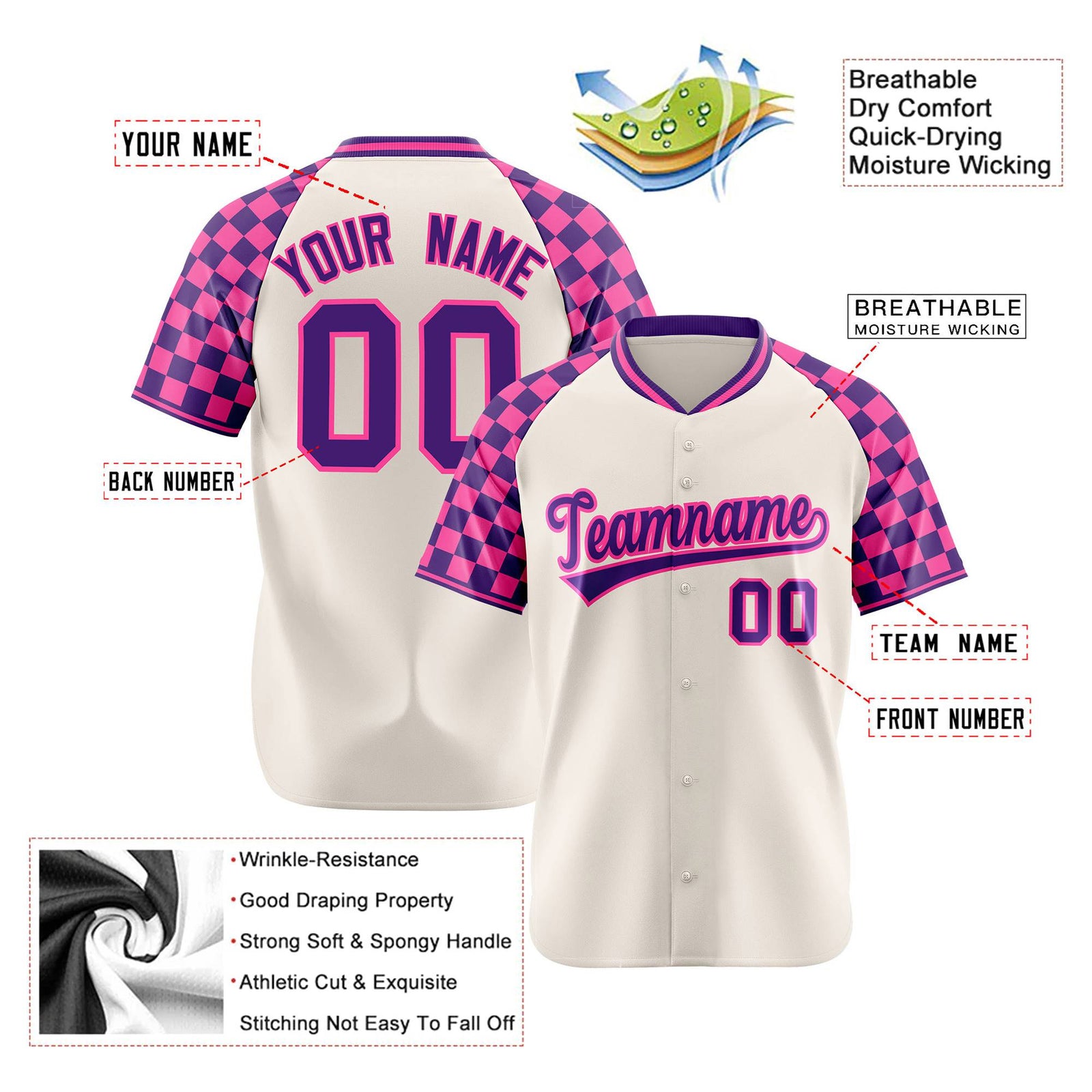 Custom Khaki Purple-Pink Authentic Plaid Sleeve Baseball Jersey