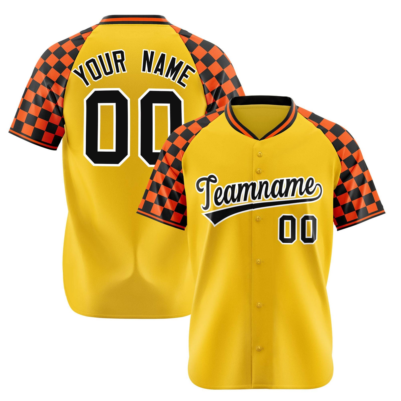 Custom Gold Black-Orange Authentic Plaid Sleeve Baseball Jersey