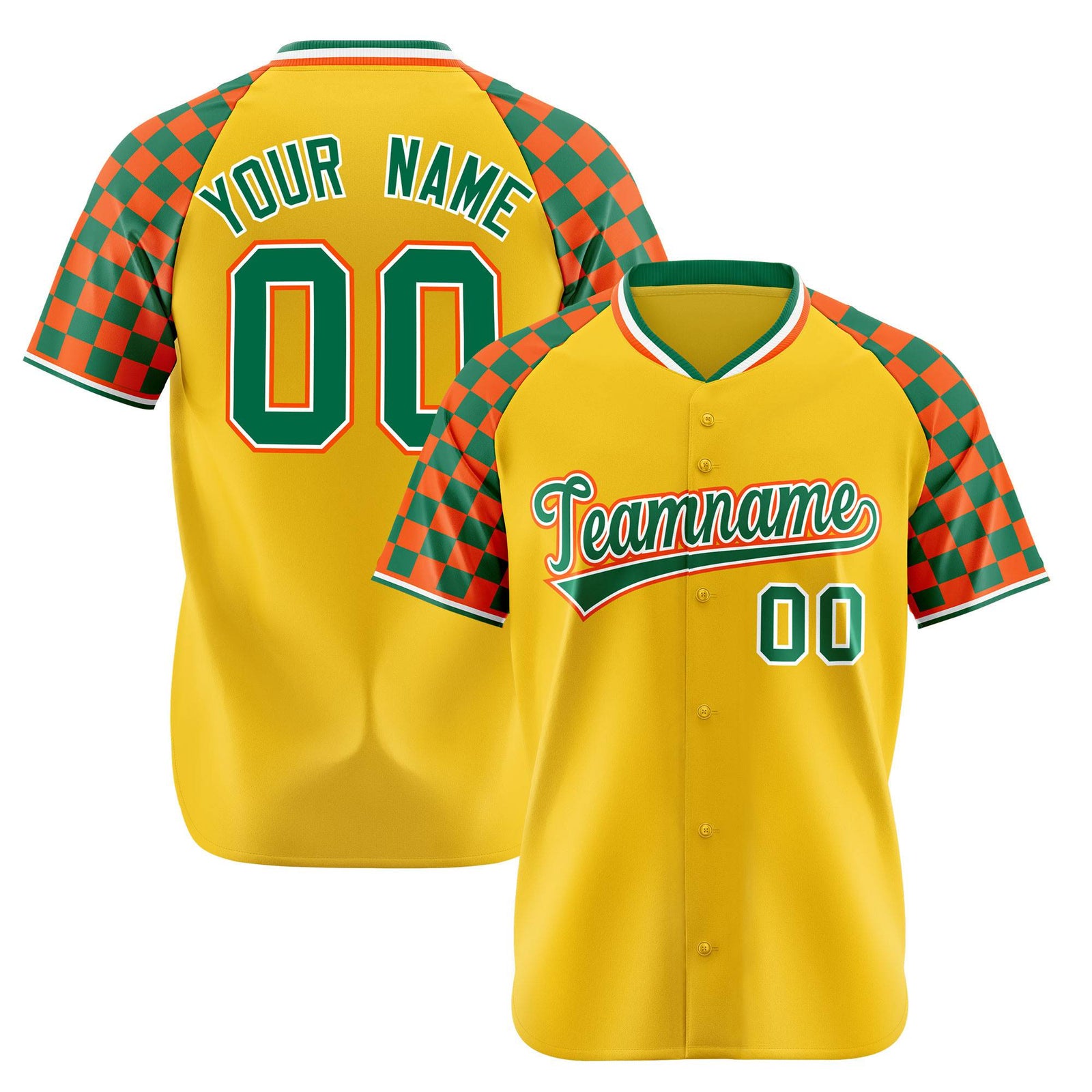 Custom Gold Kelly Green-Orange Authentic Plaid Sleeve Baseball Jersey