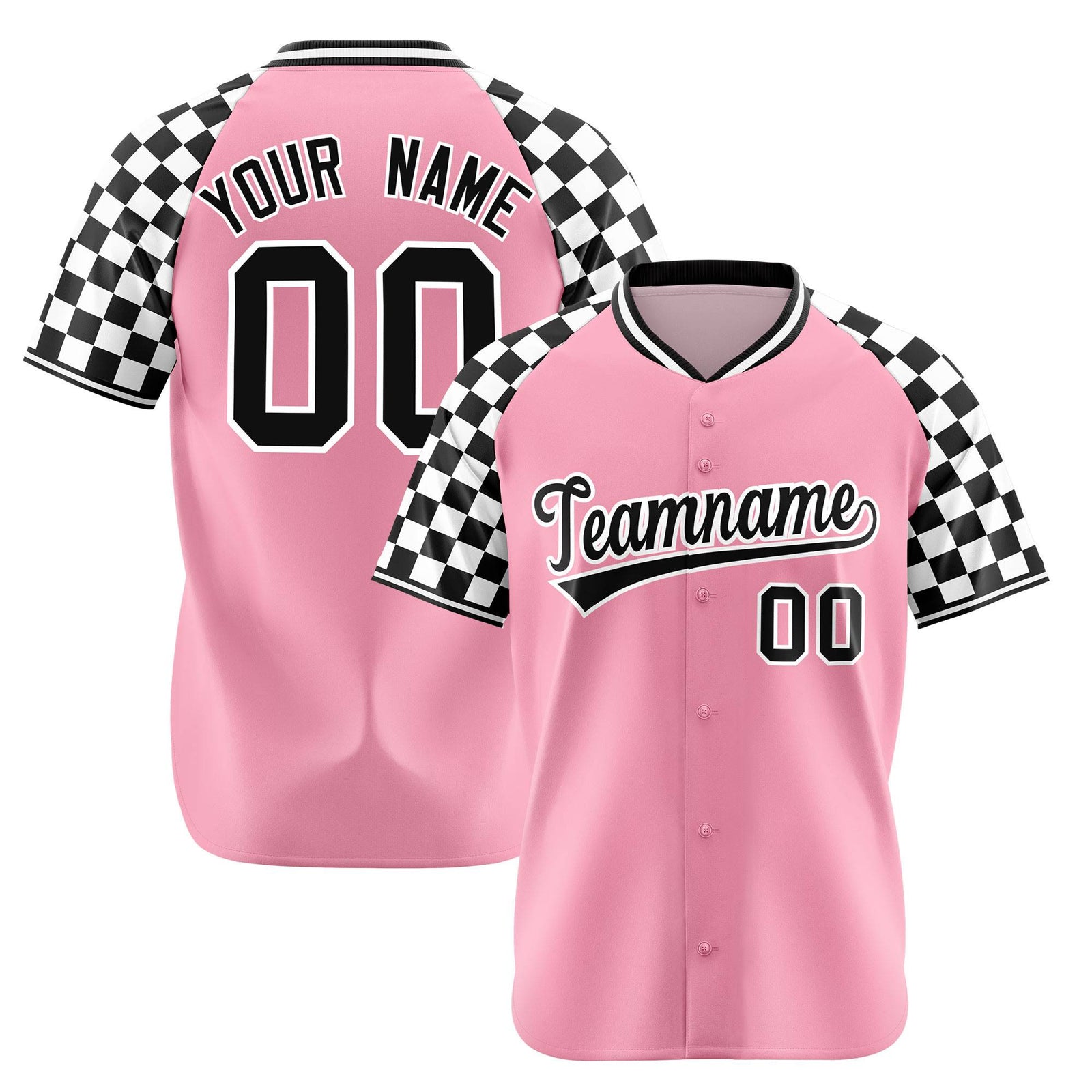 Custom Light Pink Black-White Authentic Plaid Sleeve Baseball Jersey