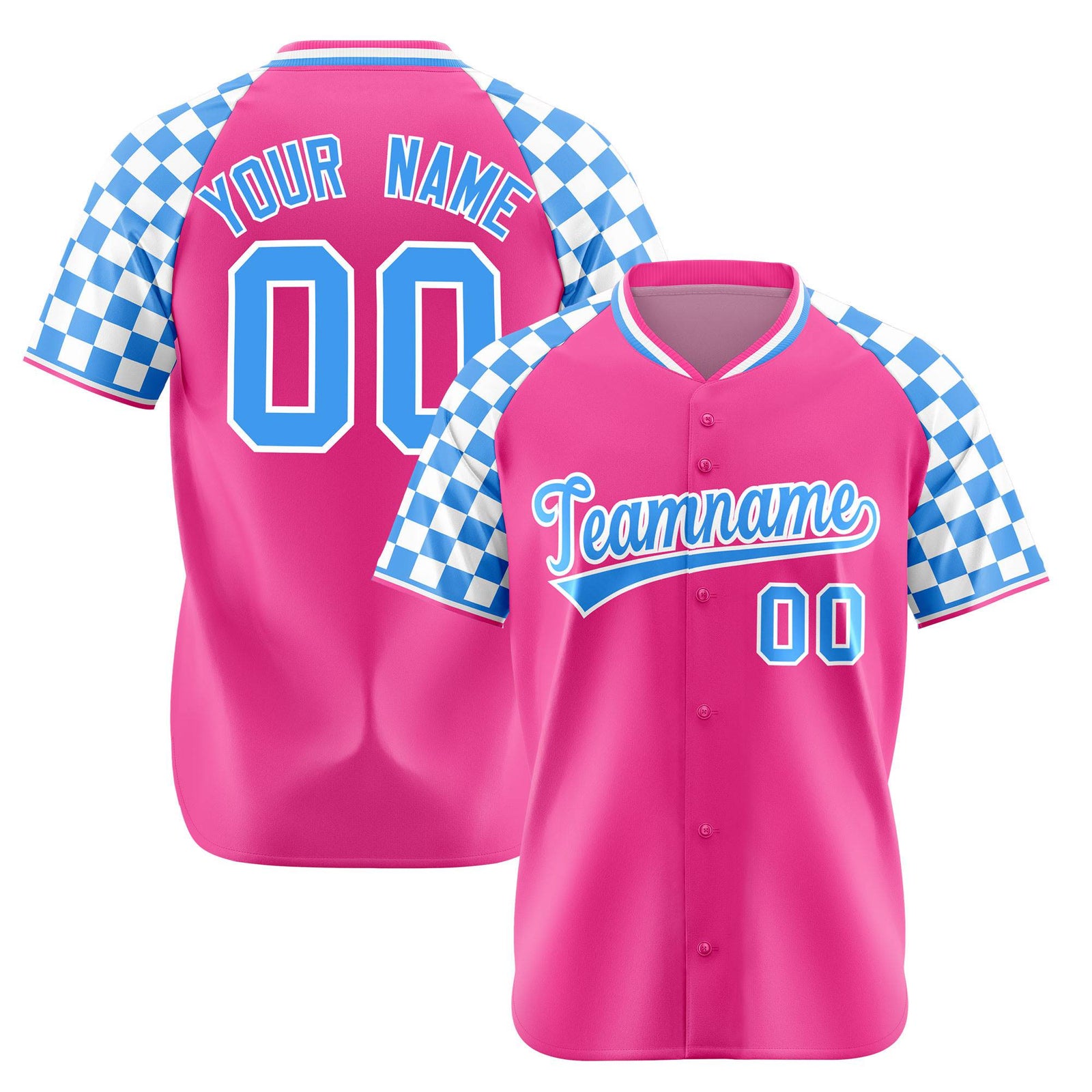 Custom Pink Powder Blue-White Authentic Plaid Sleeve Baseball Jersey