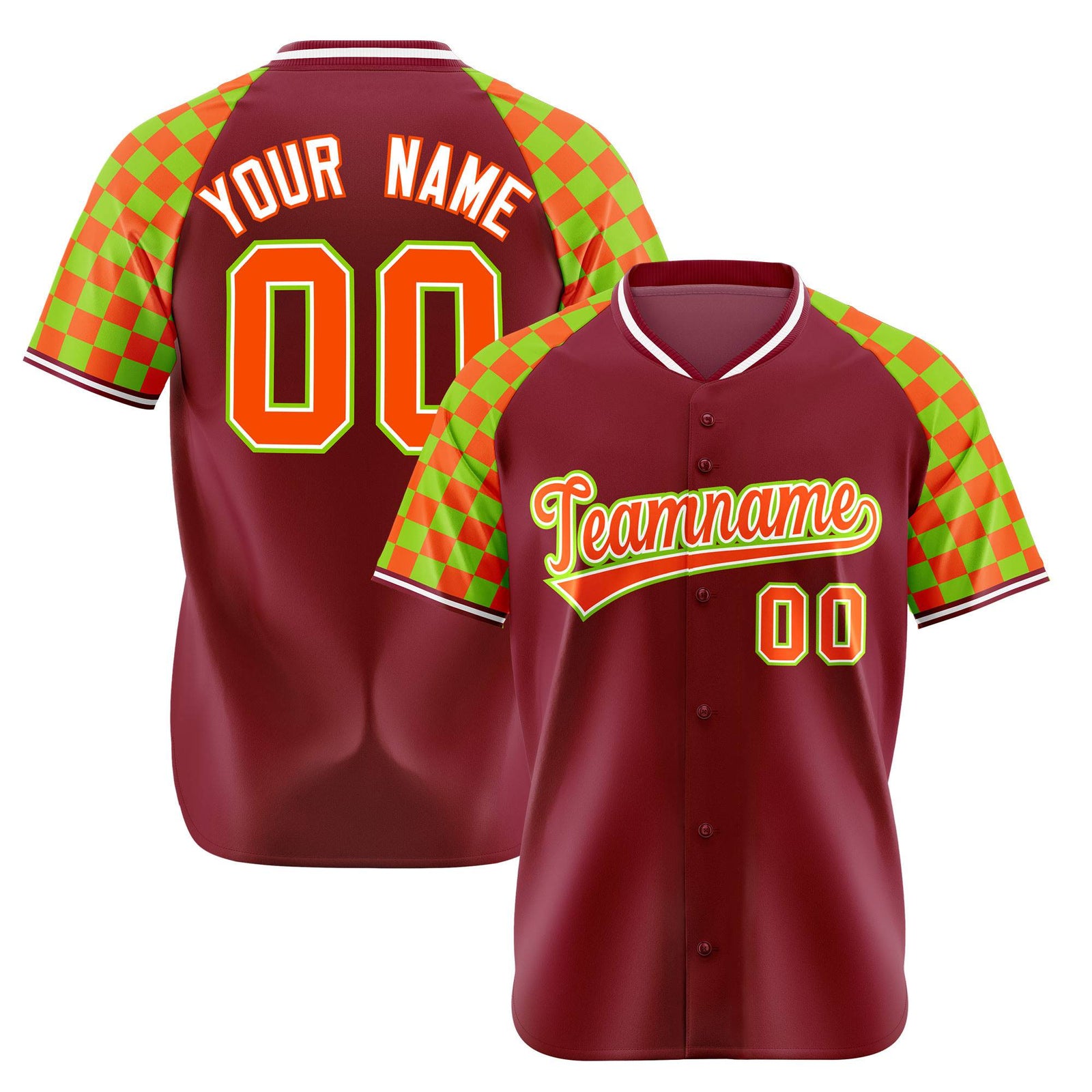 Custom Crimson Orange-Neon Green Authentic Plaid Sleeve Baseball Jersey