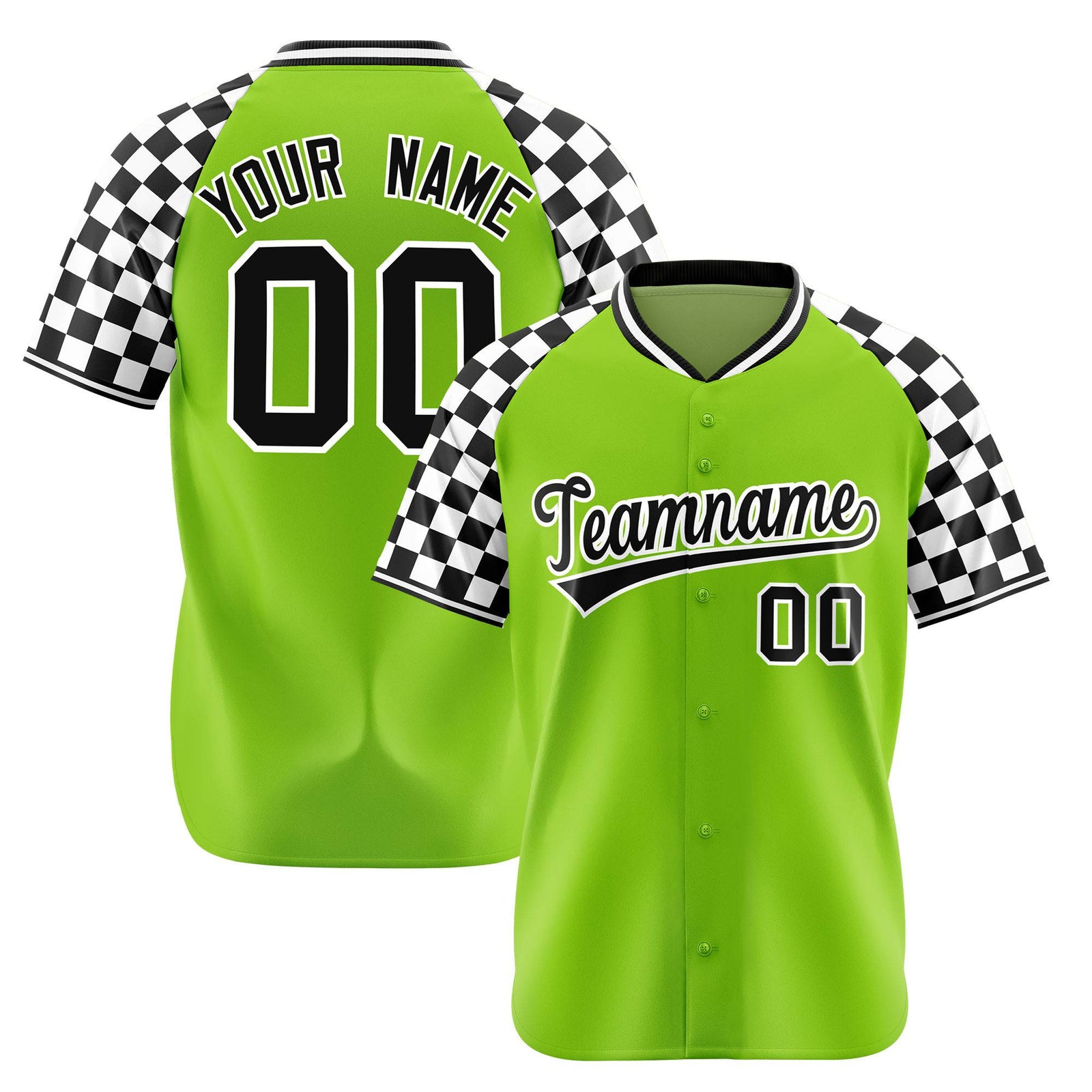 Custom Neon Green Black-White Authentic Plaid Sleeve Baseball Jersey