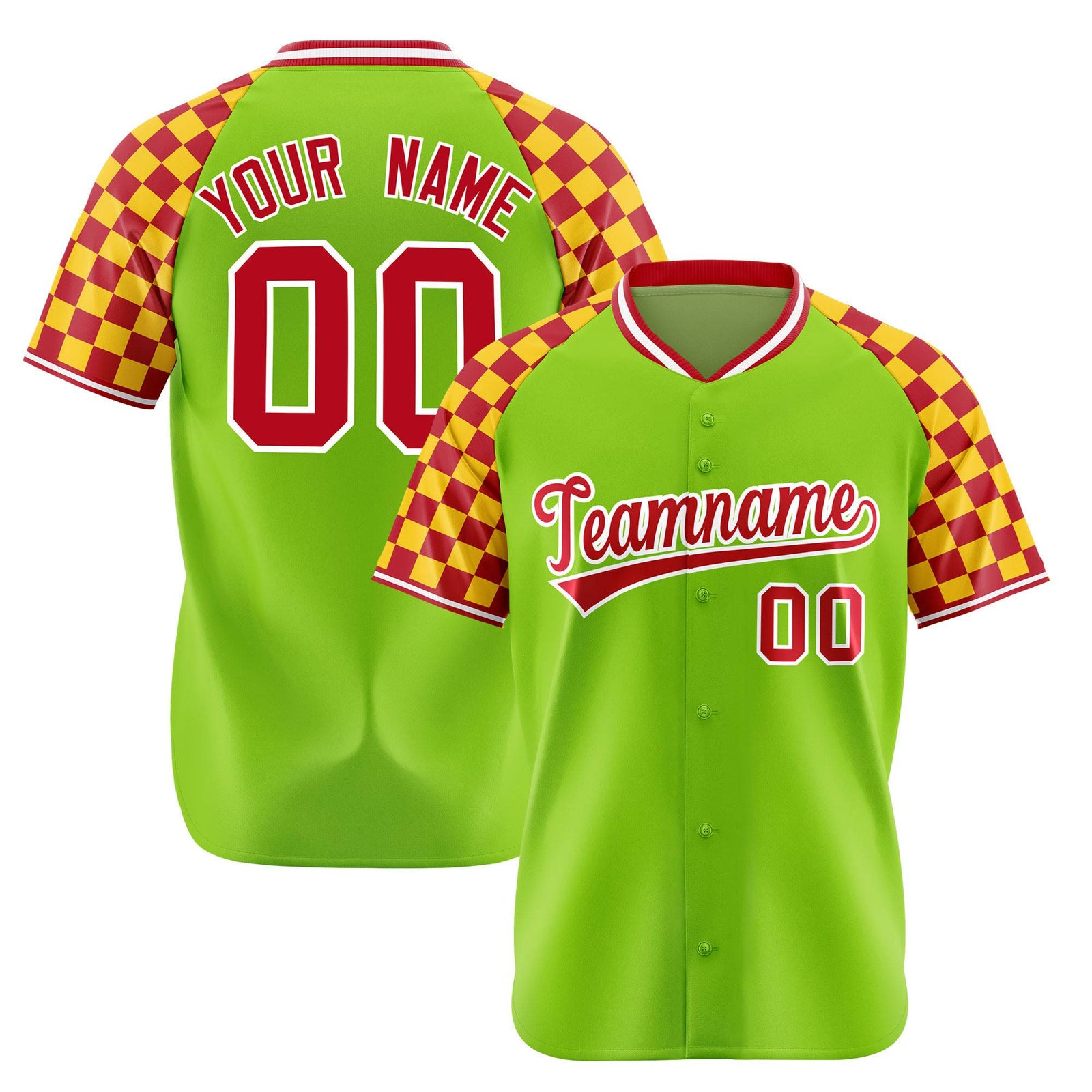 Custom Neon Green Red-Gold Authentic Plaid Sleeve Baseball Jersey