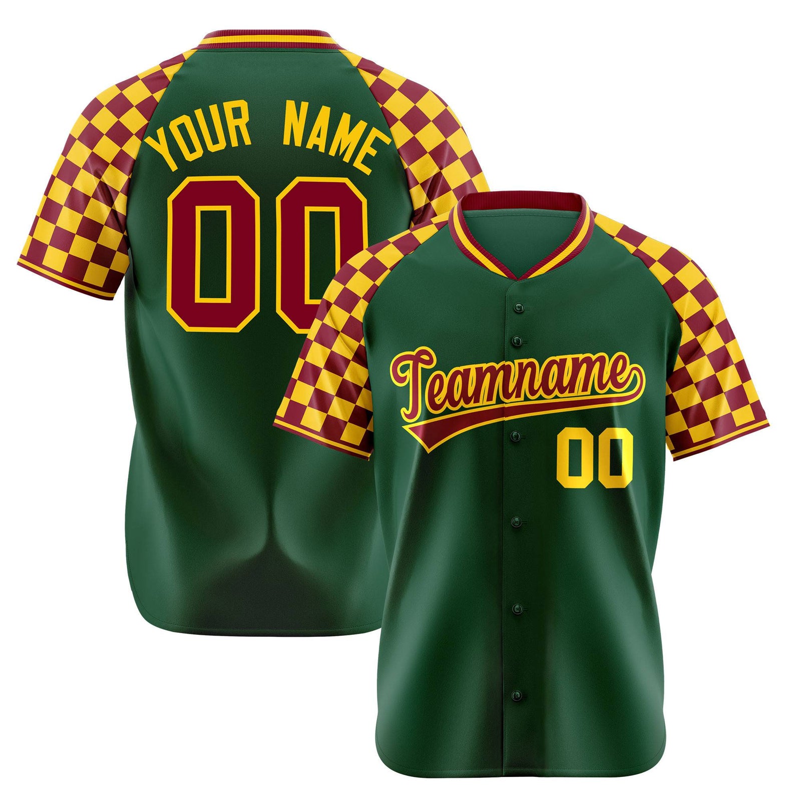 Custom Green Crimson-Gold Authentic Plaid Sleeve Baseball Jersey