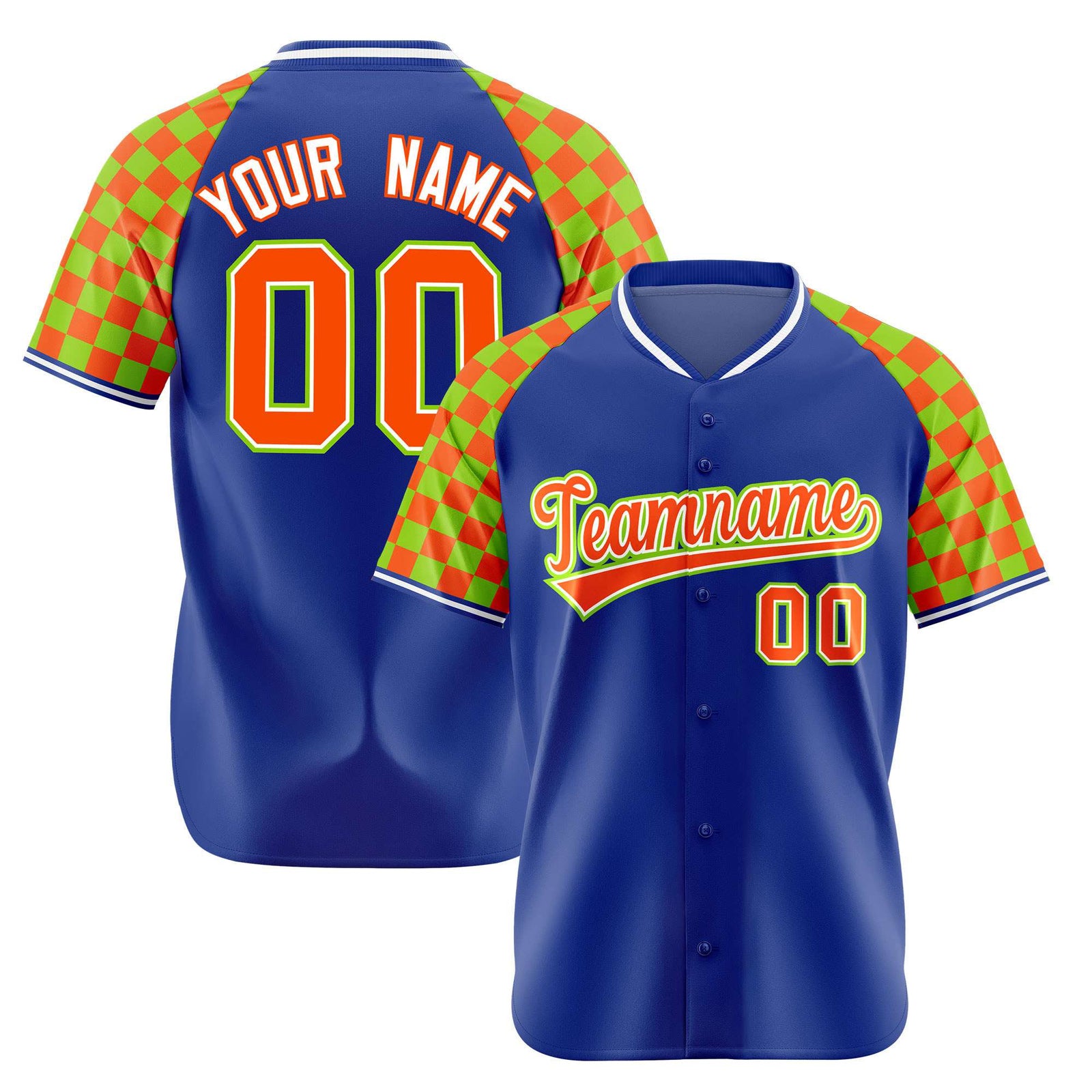 Custom Royal Blue Orange-Neon Green Authentic Plaid Sleeve Baseball Jersey