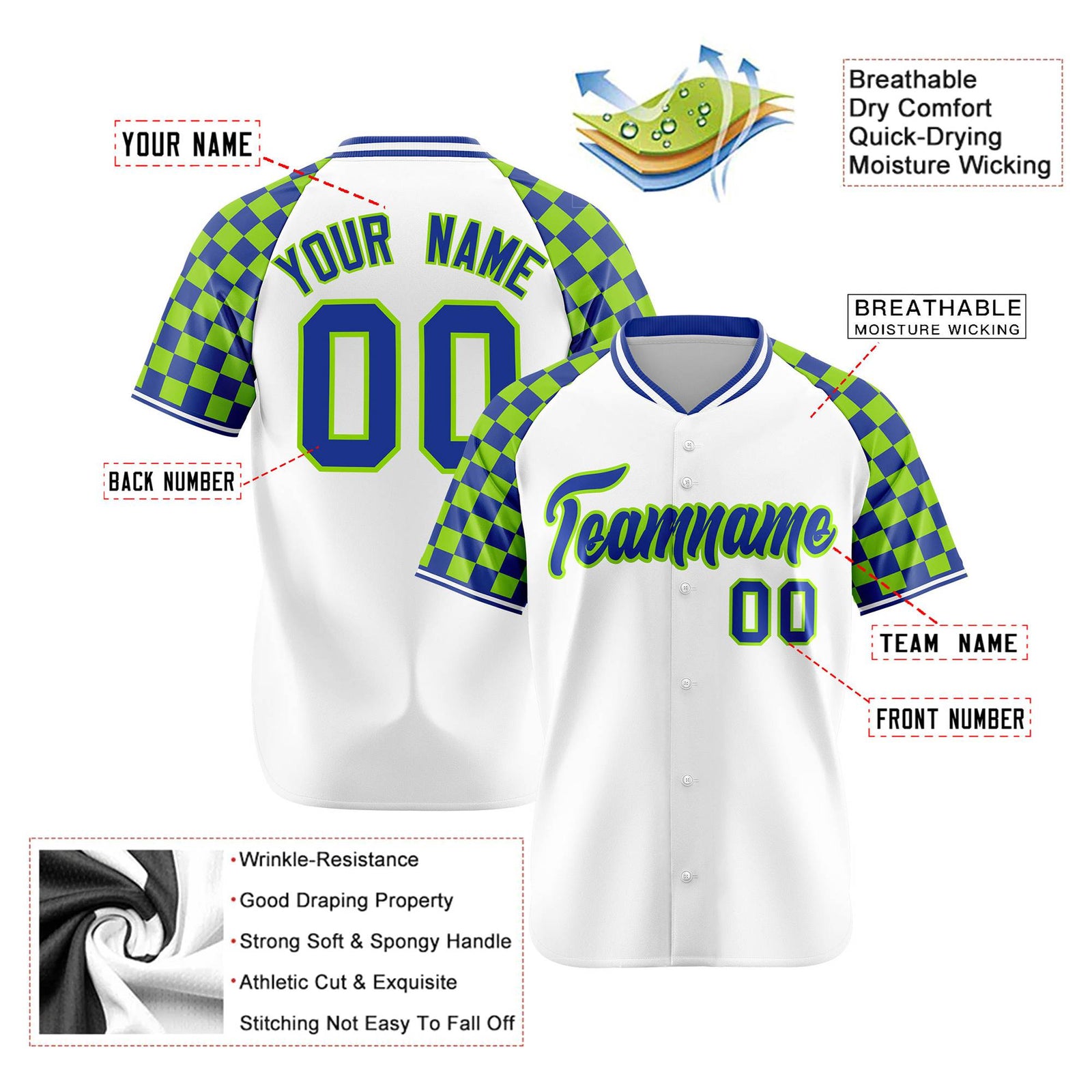 Custom White Neon Green-Royal Blue Authentic Plaid sleeve Baseball Jersey