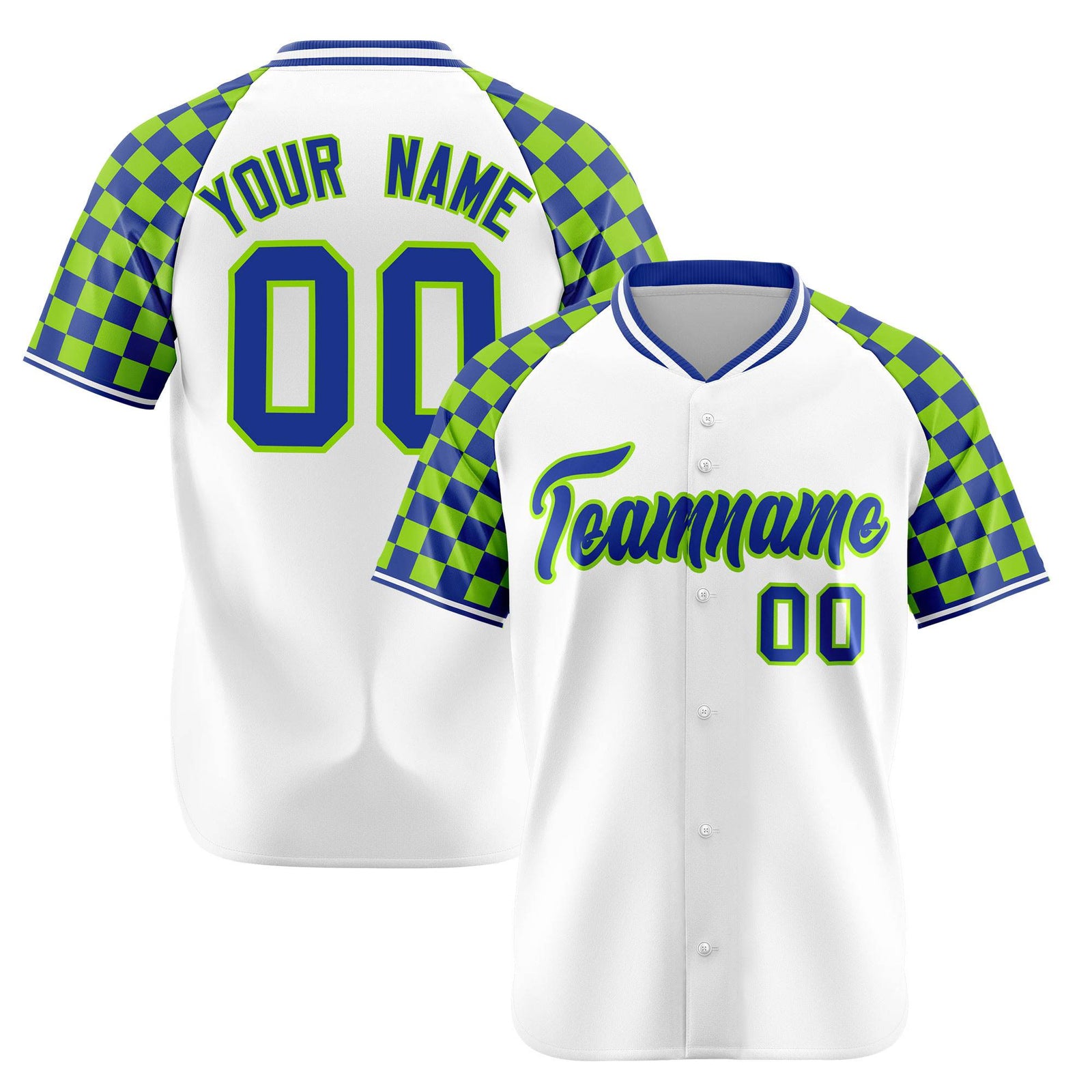 Custom White Neon Green-Royal Blue Authentic Plaid sleeve Baseball Jersey