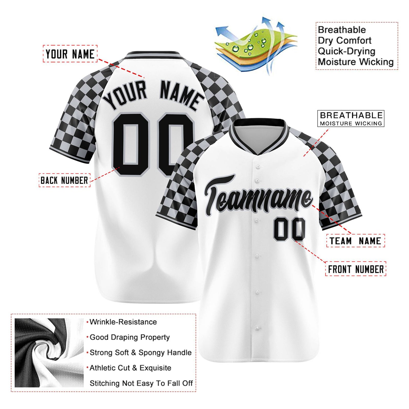 Custom White Gray-Black Authentic Plaid sleeve Baseball Jersey