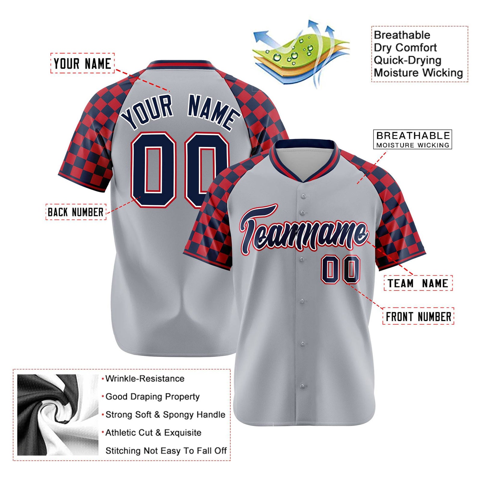 Custom Gray Navy-Red Authentic Plaid Sleeve Baseball Jersey