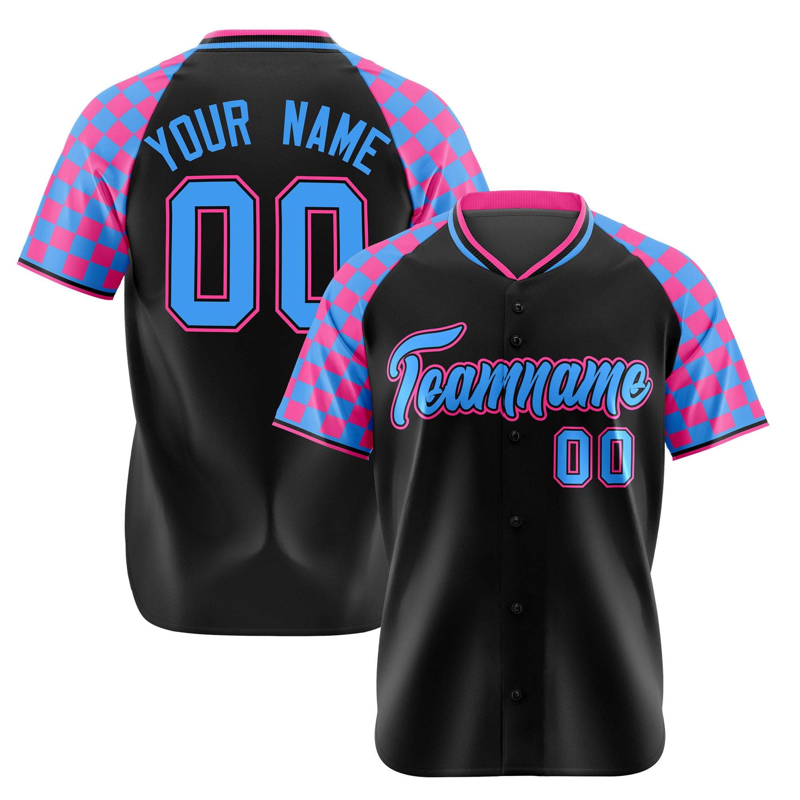 Custom Black Pink-Powder Blue Authentic Plaid Sleeve Baseball Jersey
