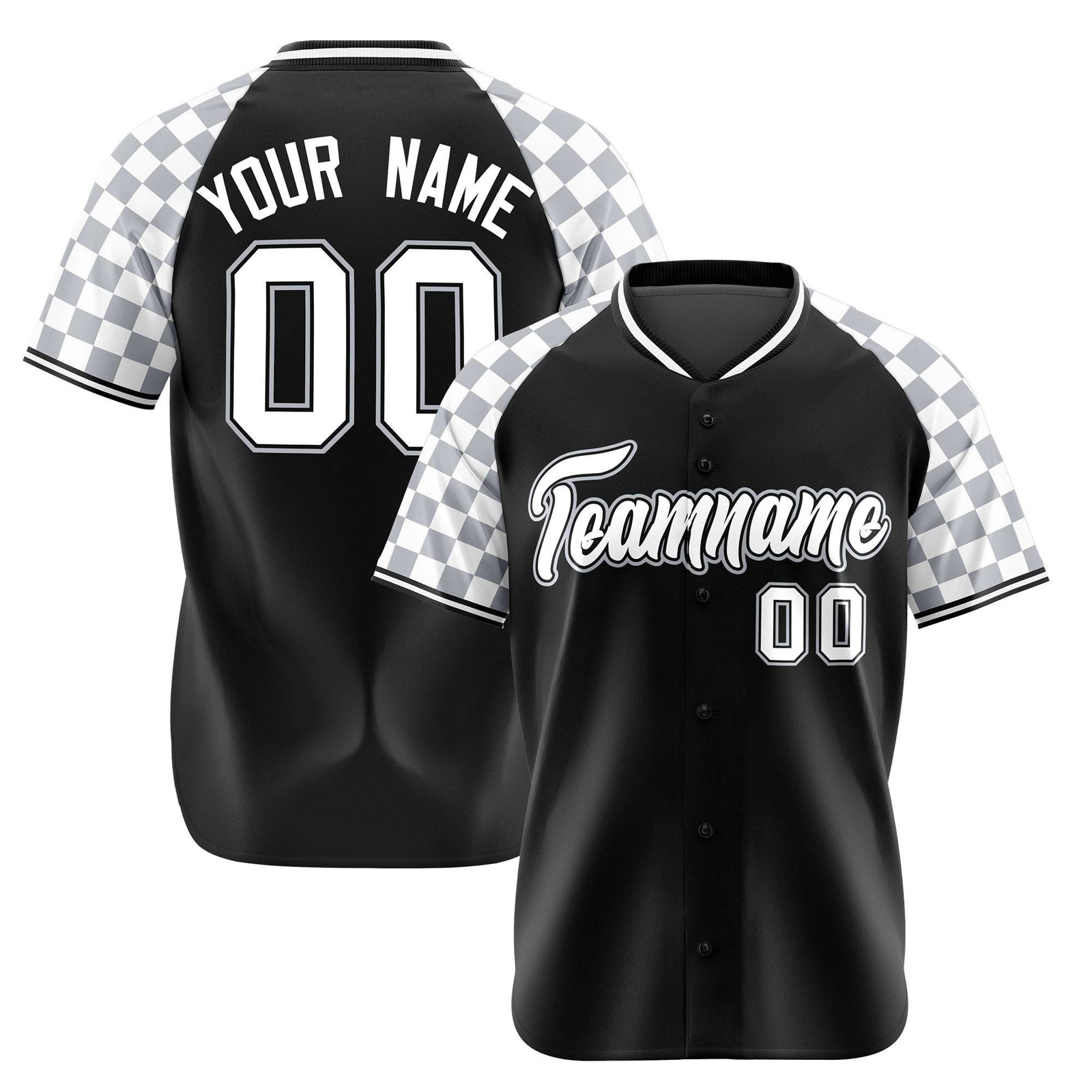 Custom Black Gray-White Authentic Plaid Sleeve Baseball Jersey