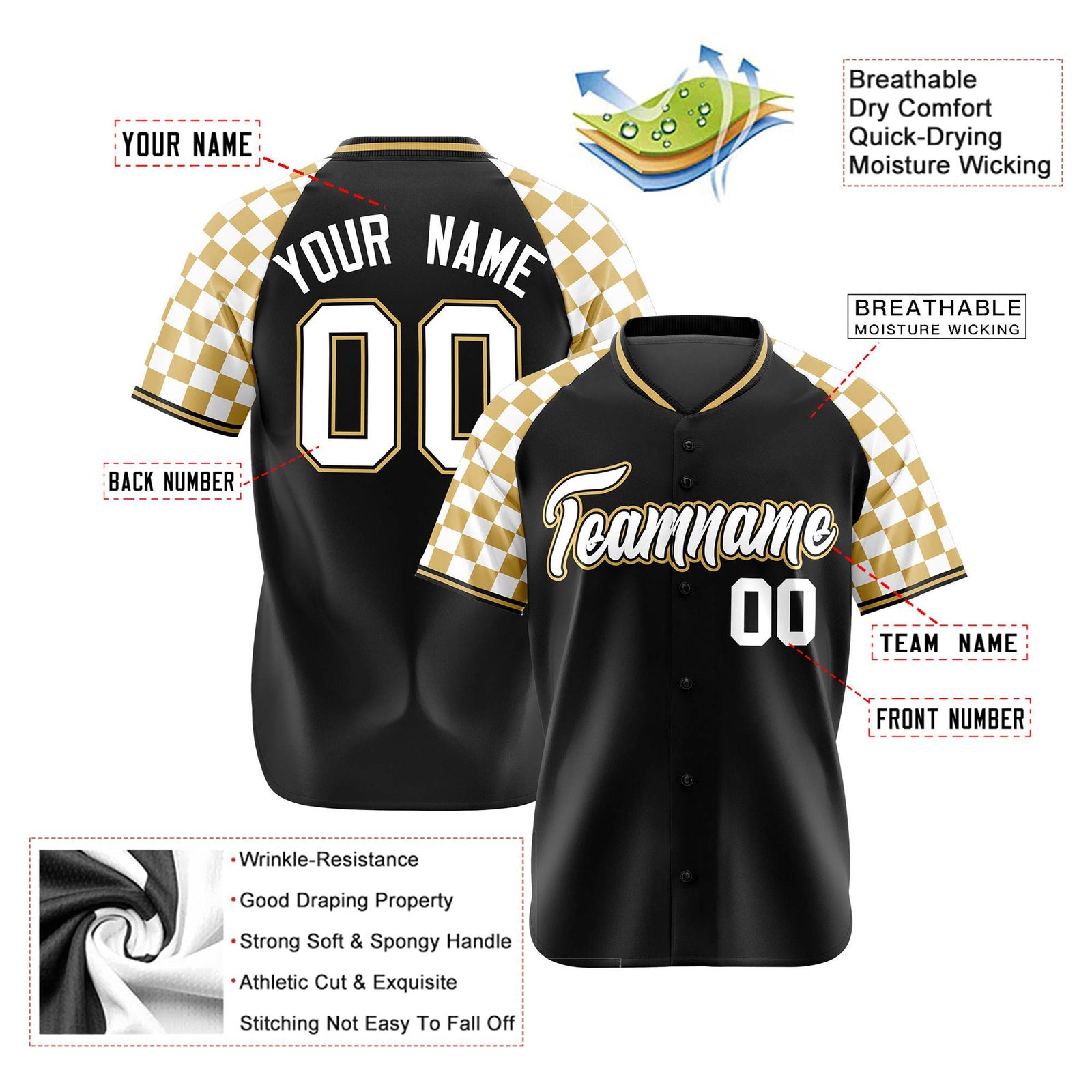 Custom Black Old Gold-White Authentic Plaid Sleeve Baseball Jersey