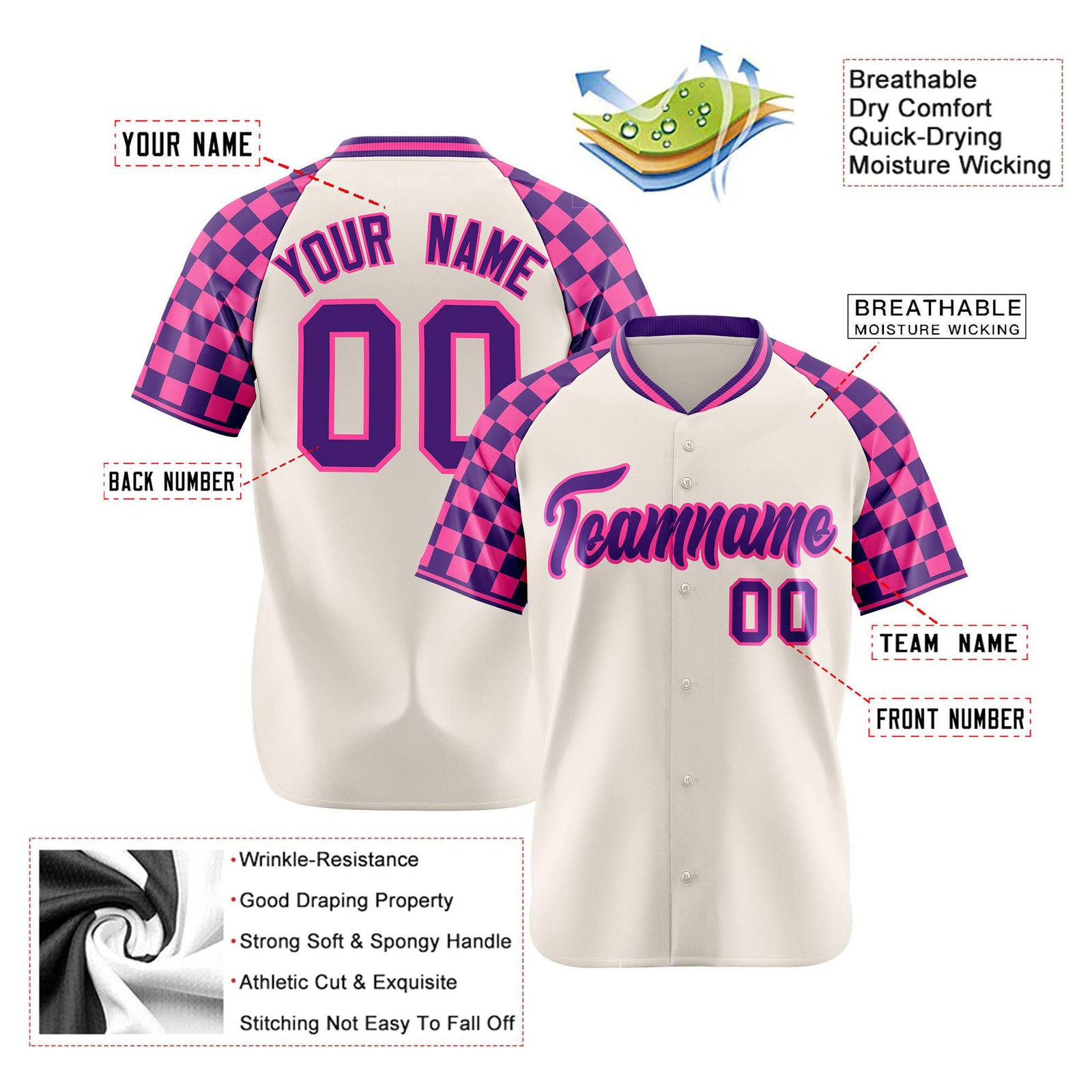 Custom Khaki Purple-Pink Authentic Plaid Sleeve Baseball Jersey